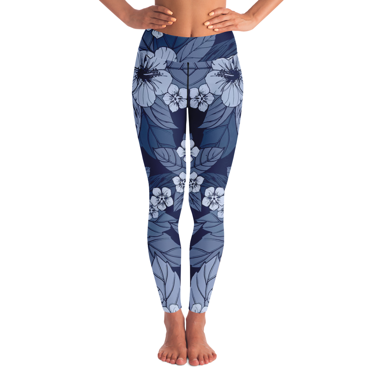 Midnight Bloom Leggings – Front view featuring deep navy tones and elegant floral pattern