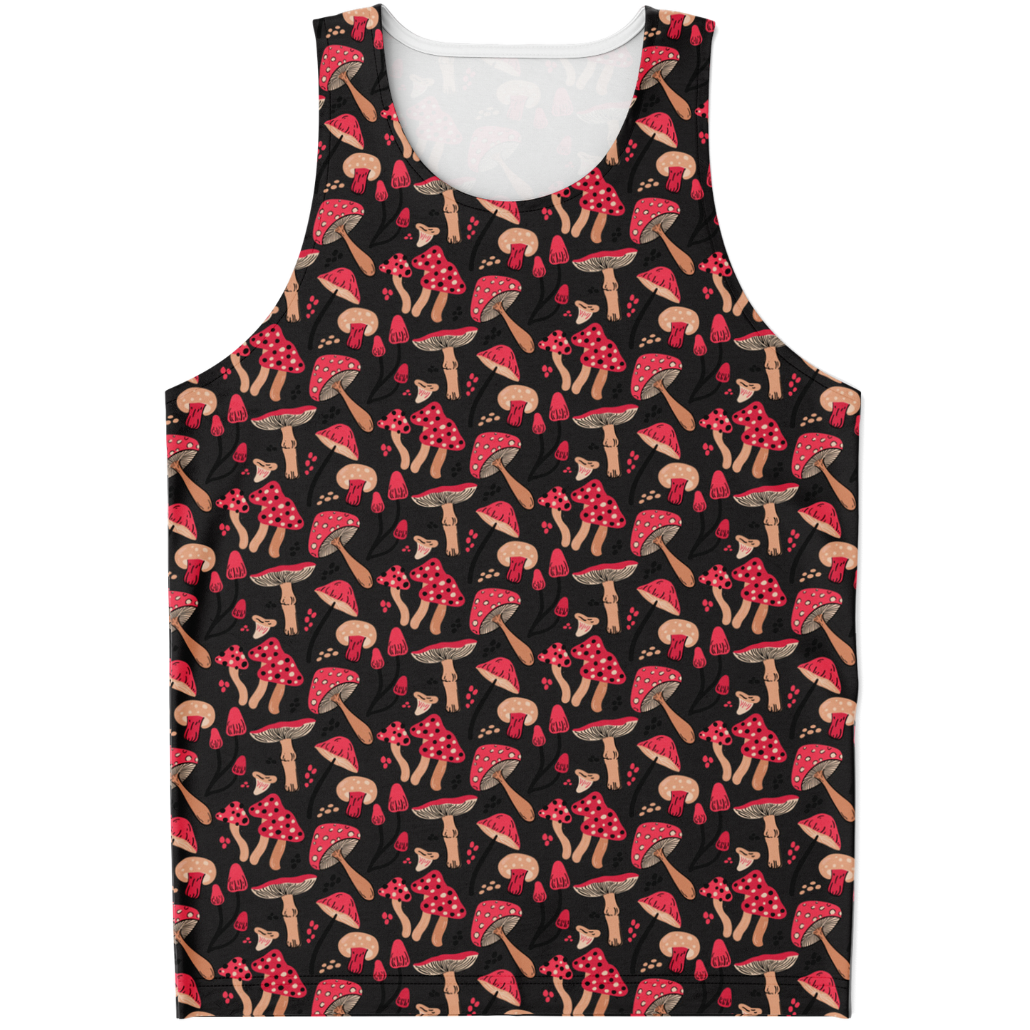 Flatlay front view of Nature Groove Tank Top featuring botanical print on black background