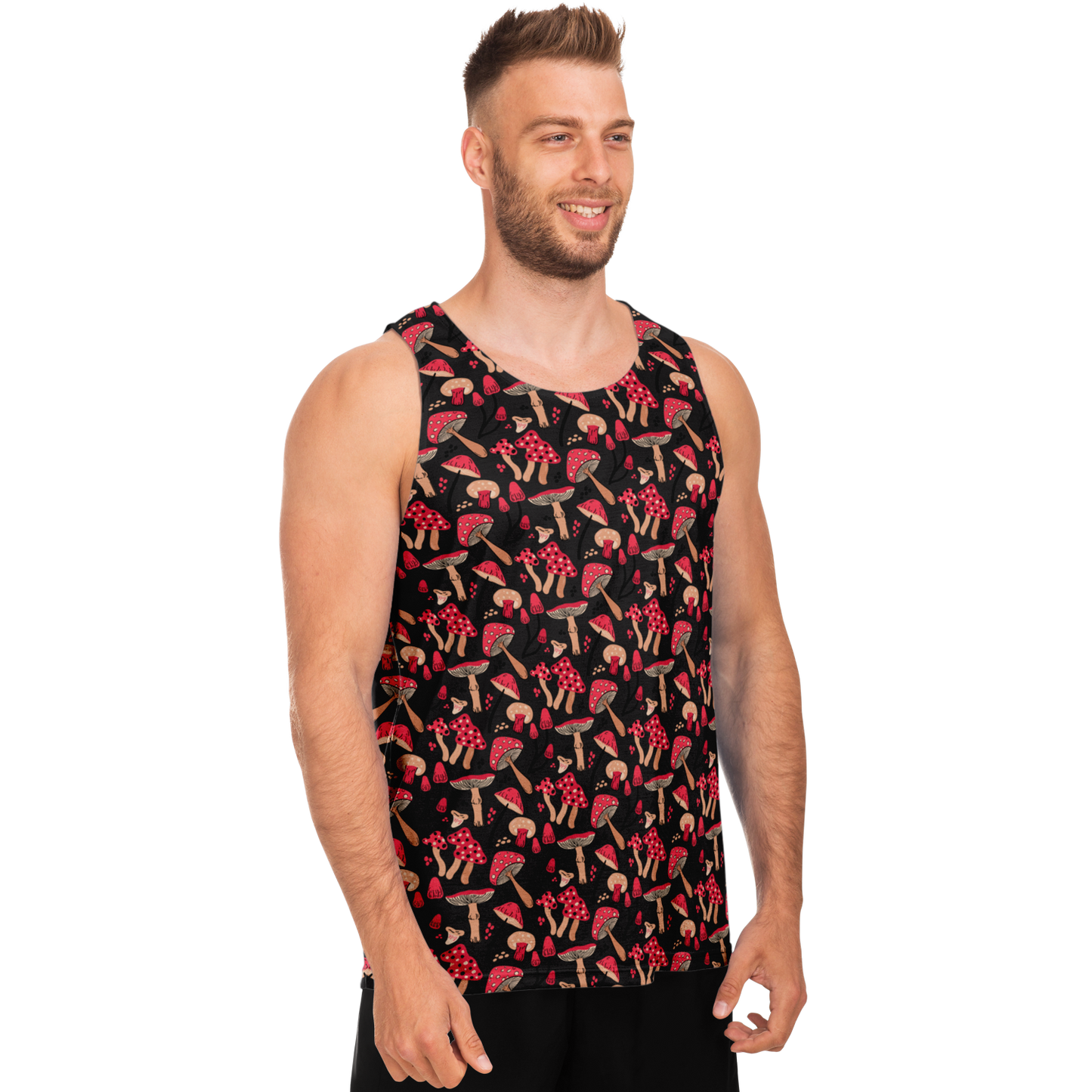 Male model in Nature Groove Tank Top facing forward, showing vibrant botanical design