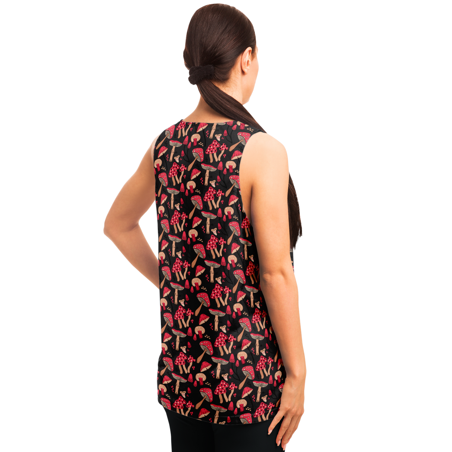 Male model side view in sleeveless Nature Groove Tank Top with tropical print