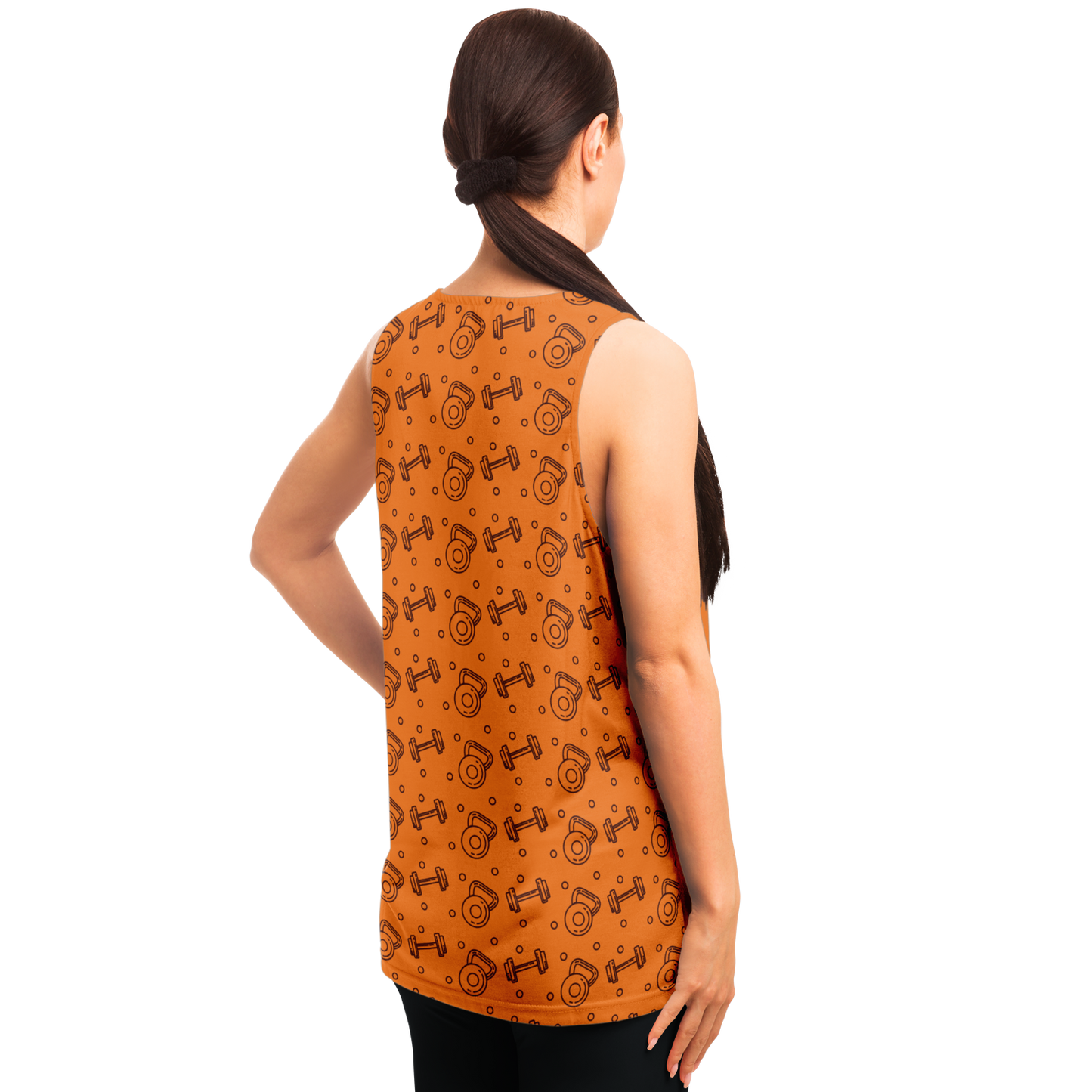 Angled view of woman modeling Orange Workout Tank Top with gym quote