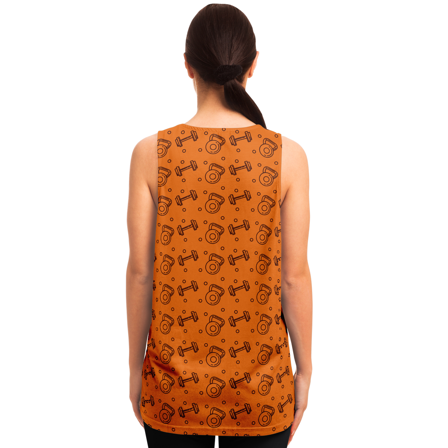 Back view of female model in Orange Workout Tank Top with repeated motivational design