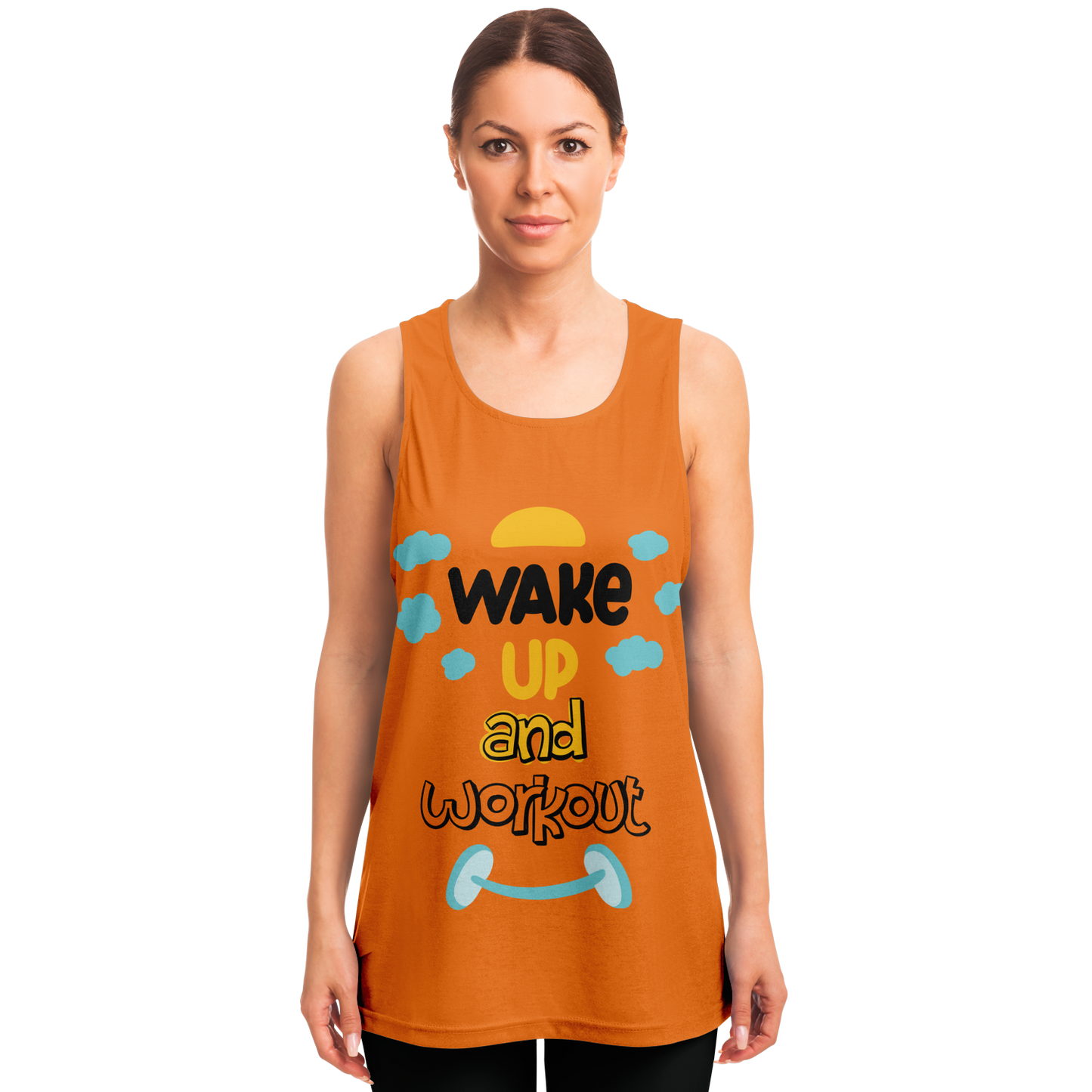 Front view of woman wearing Orange Workout Tank Top with workout slogan graphic