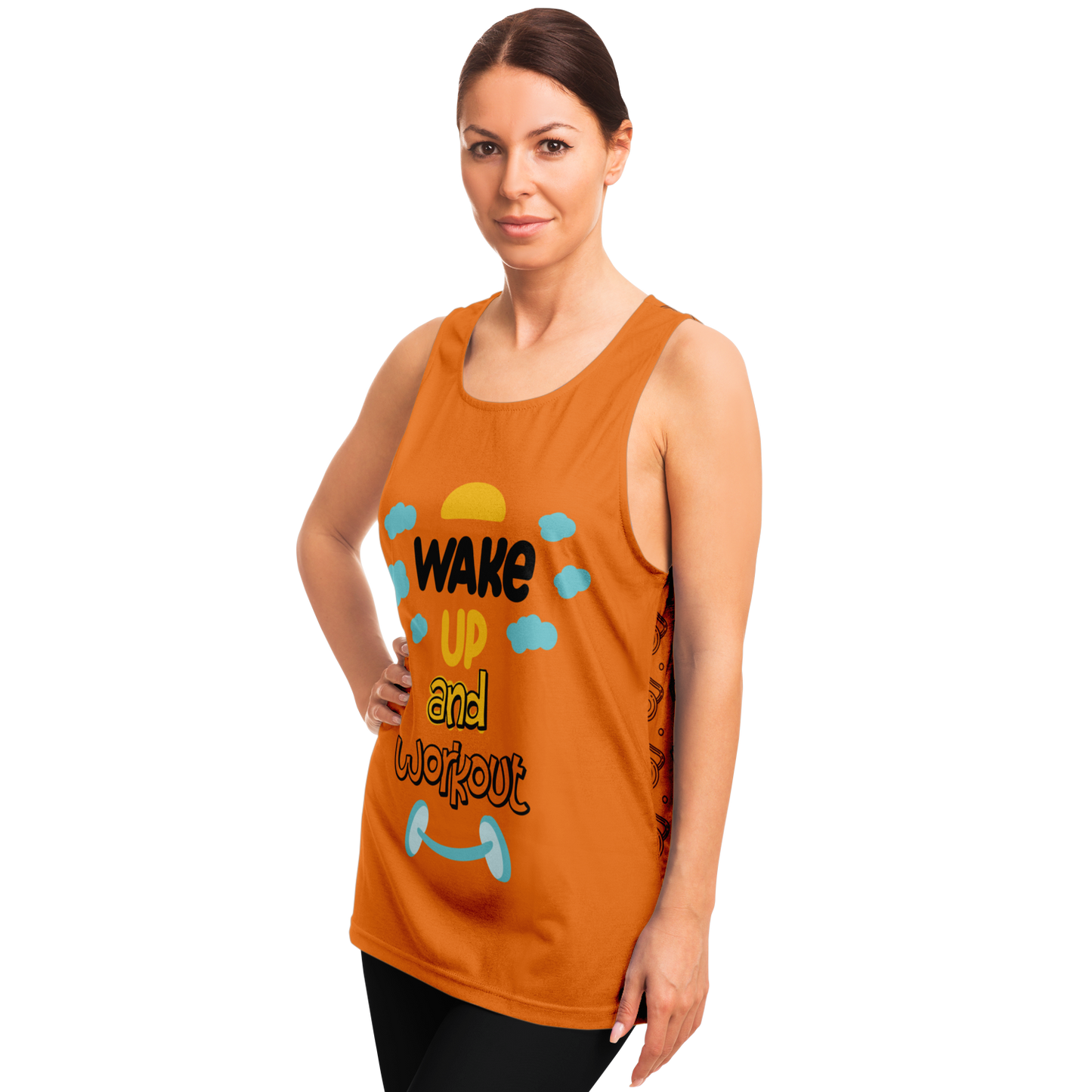 Side view of Orange Workout Tank Top worn by female model, highlighting athletic fit