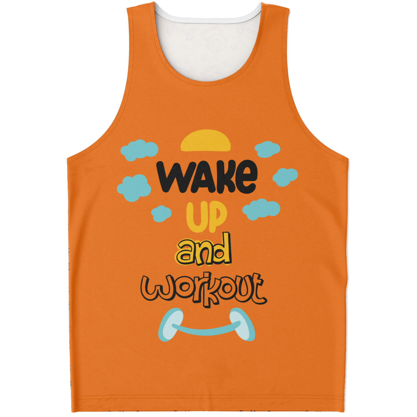 Flatlay front view of Orange Workout Tank Top with “Wake Up and Workout” fitness quote and barbell graphic