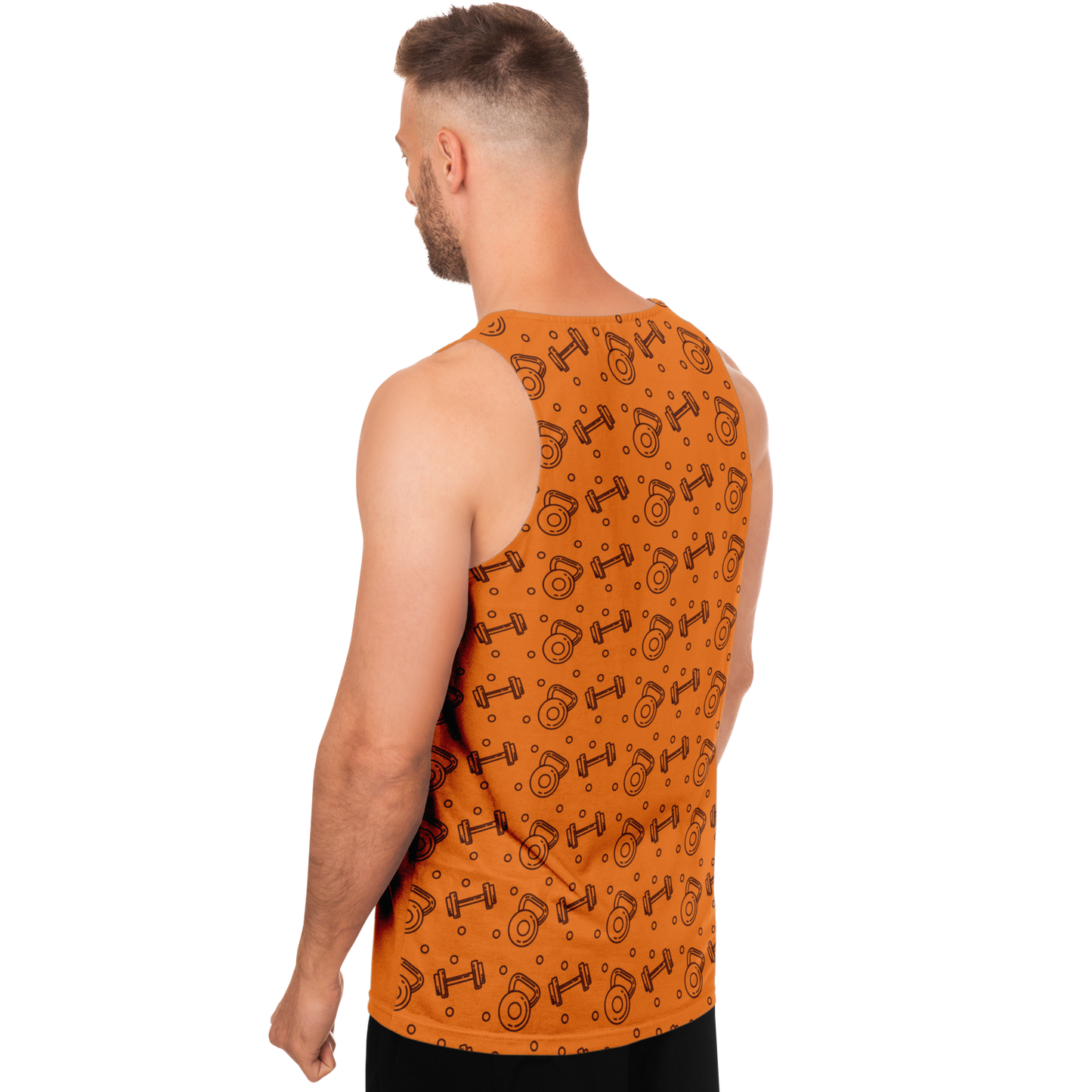Angled view of Orange Workout Tank Top on male model showing detailed fit and print