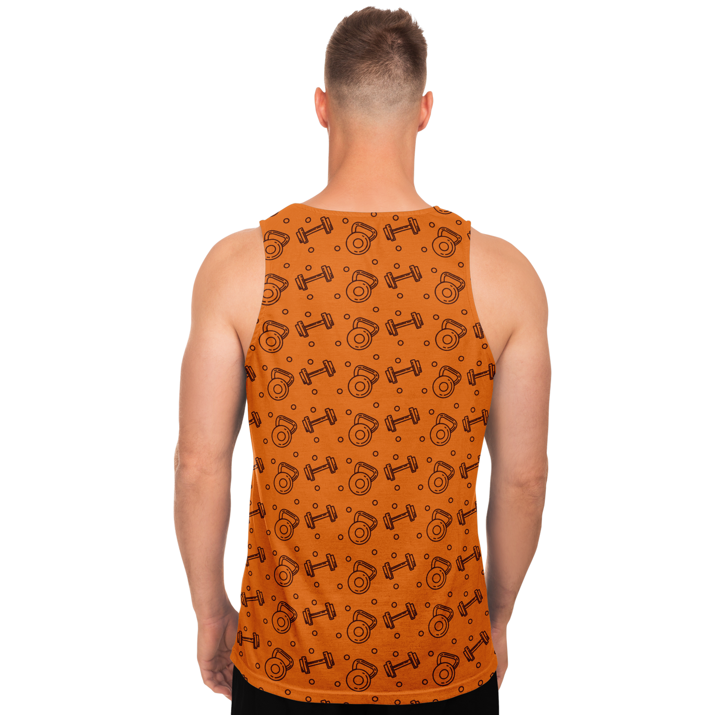 Back view of man wearing Orange Workout Tank Top with text design pattern