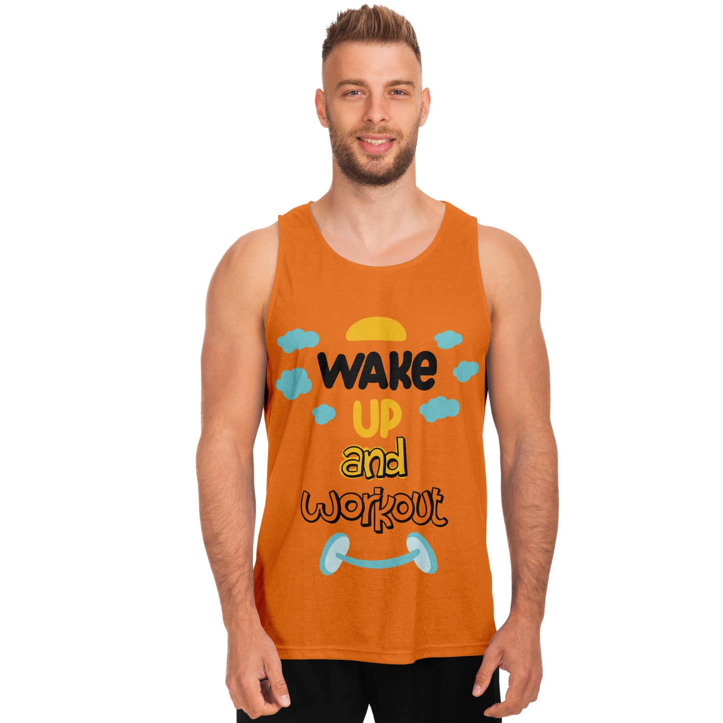 Front view of male model in Orange Workout Tank Top with inspirational gym print
