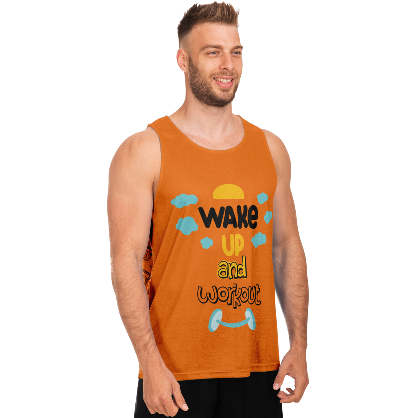 Side pose of male model in Orange Workout Tank Top styled for fitness