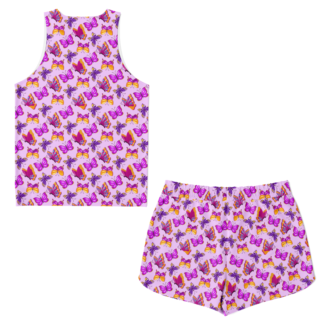 Back view of pink butterfly co-ord set showing all-over butterfly pattern