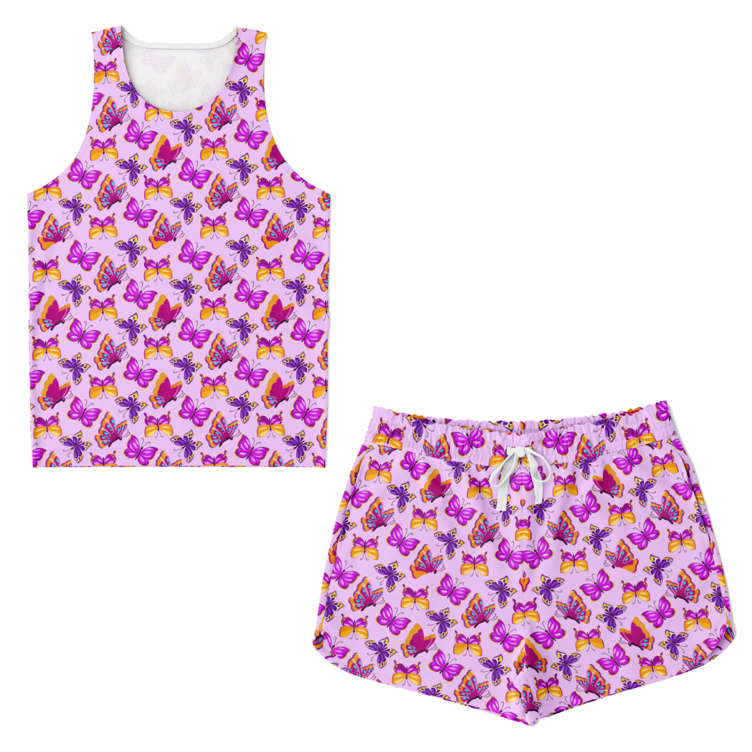 Front view of pink butterfly co-ord set with tank top and shorts laid flat