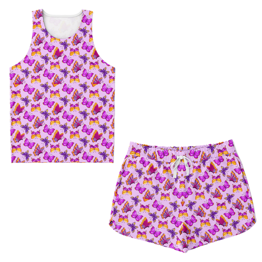 Front view of pink butterfly co-ord set with tank top and shorts laid flat