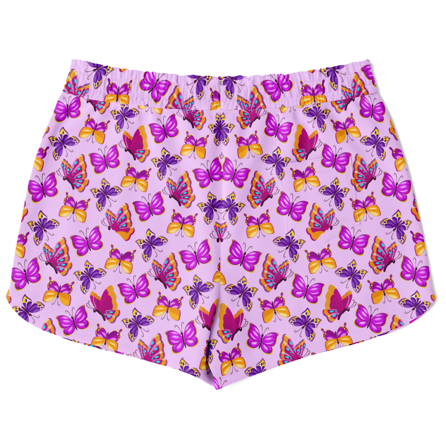 Back view of pink butterfly printed co-ord shorts laid flat