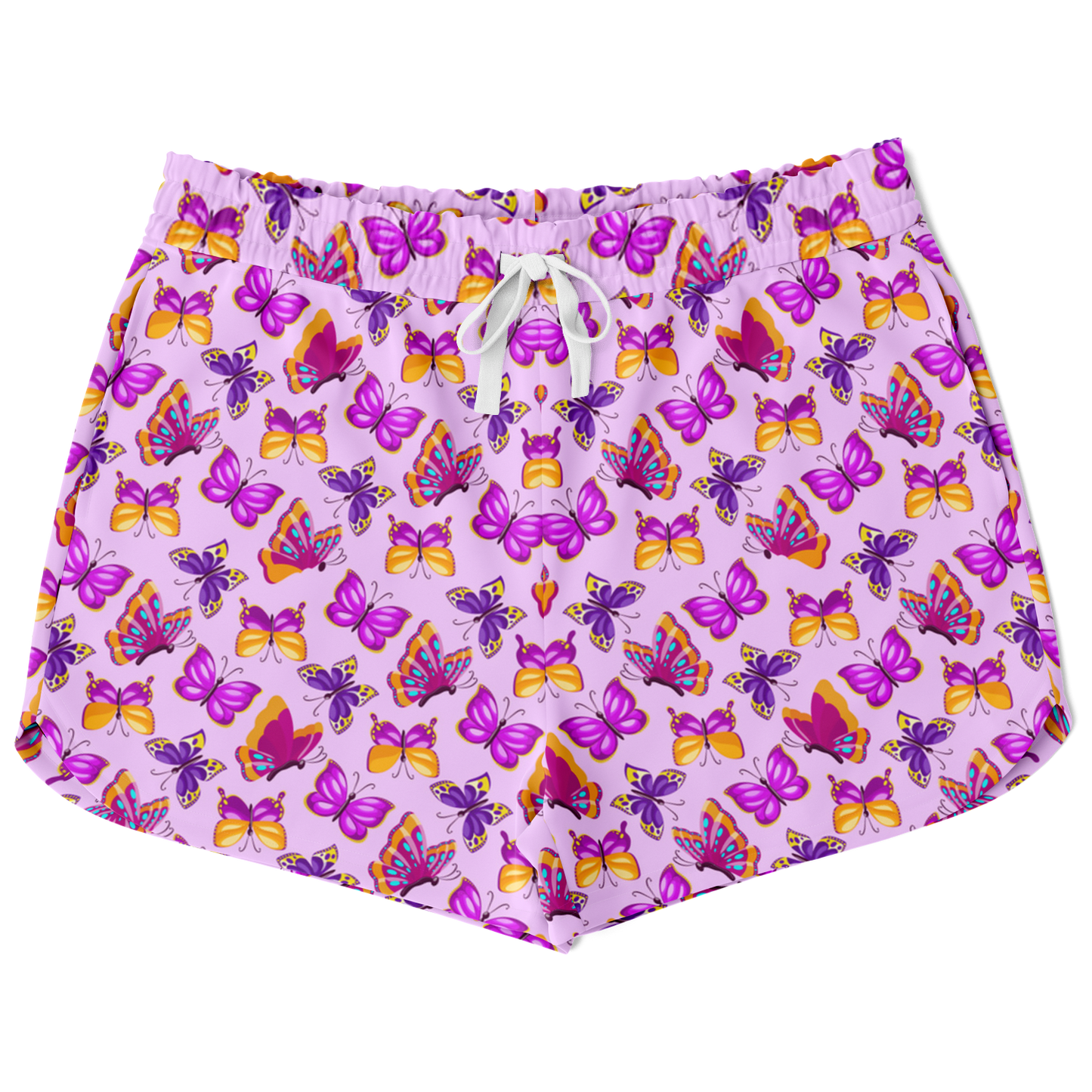 Front view of pink butterfly co-ord shorts with graphic butterfly print