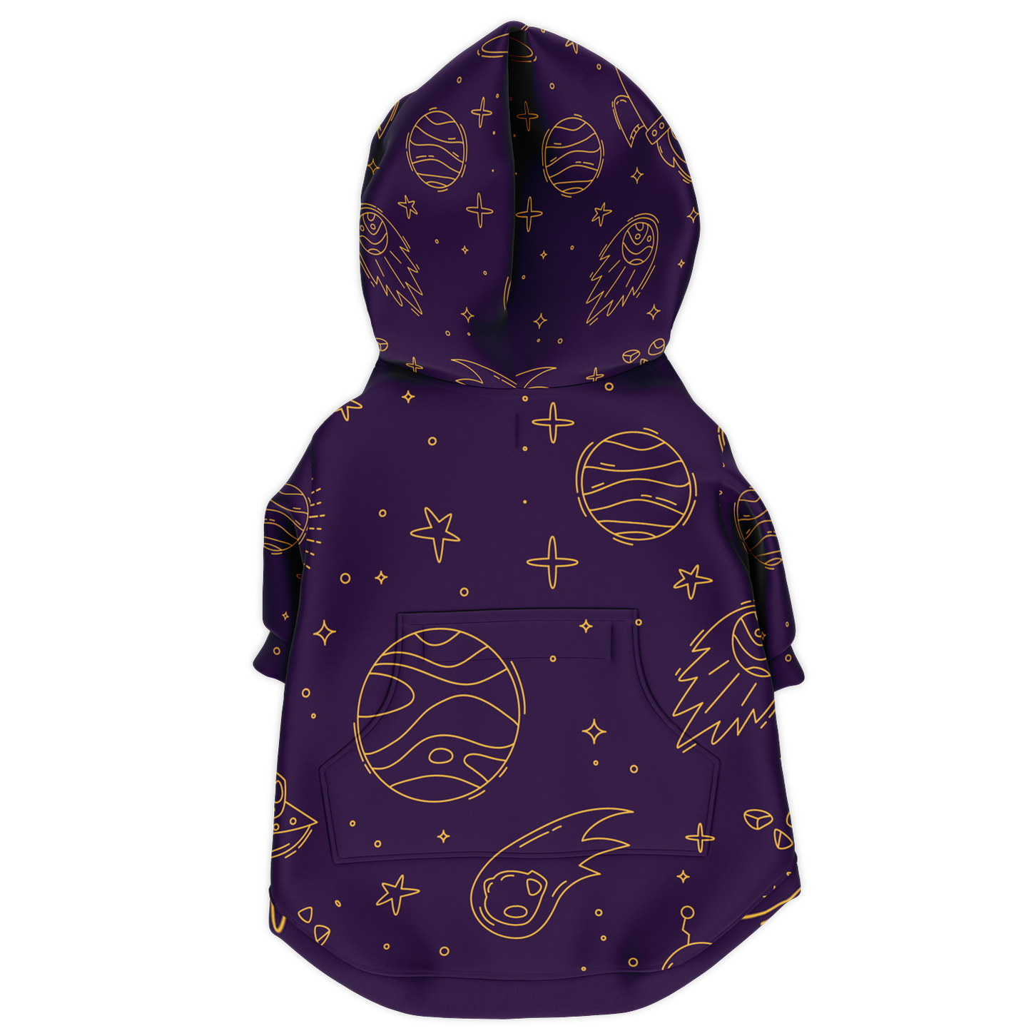 Back view of purple stellar dog hoodie featuring stars and planets