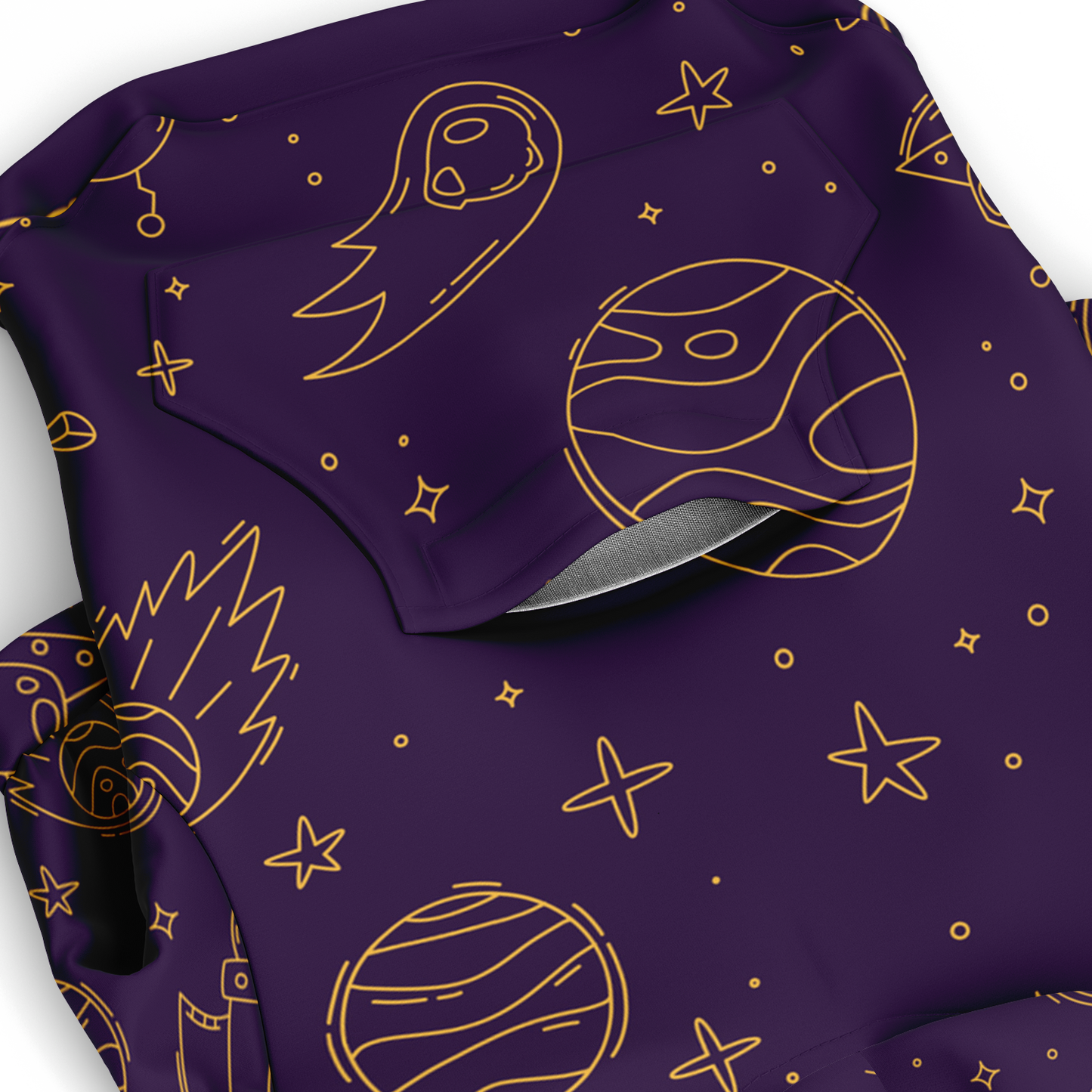 Close-up of white planetary and starry print on purple dog hoodie