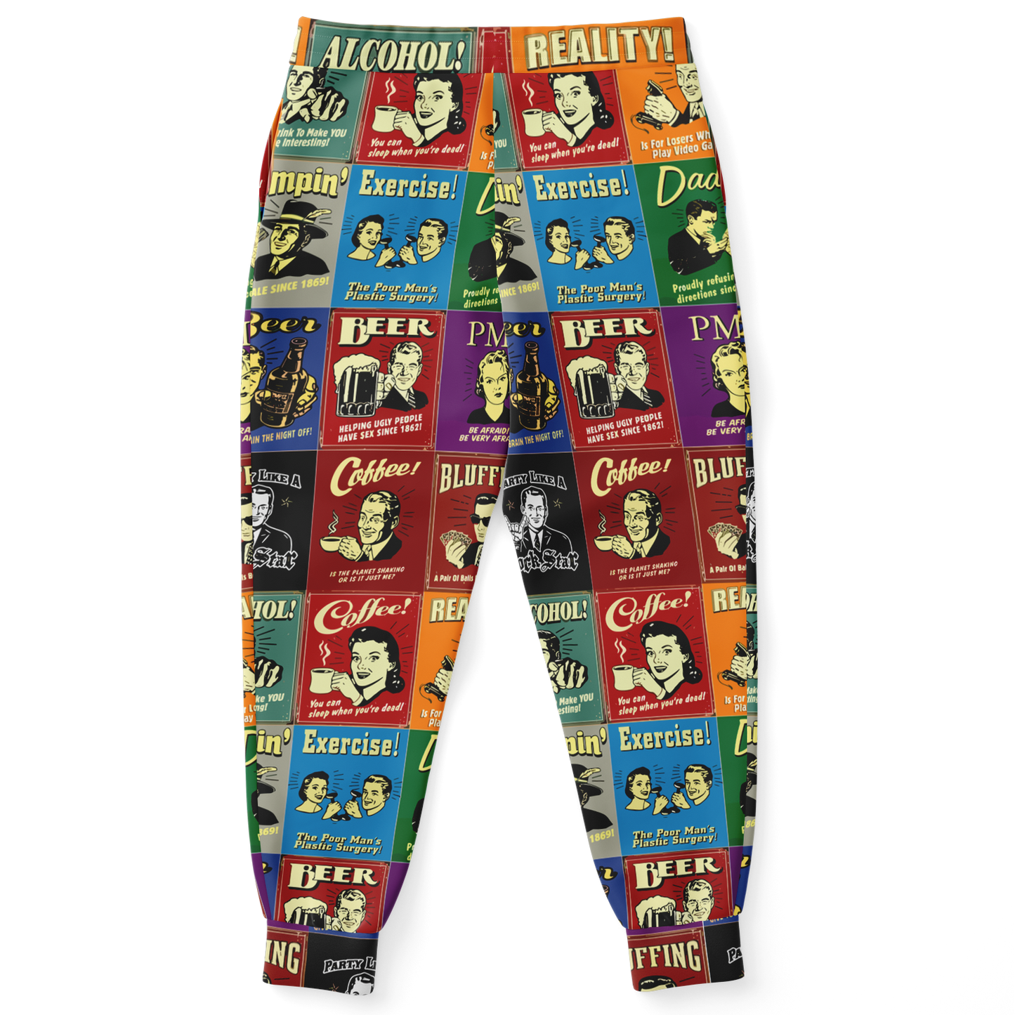 Flatlay back view of Retro Rewind joggers featuring bold vintage blocks in multiple colors