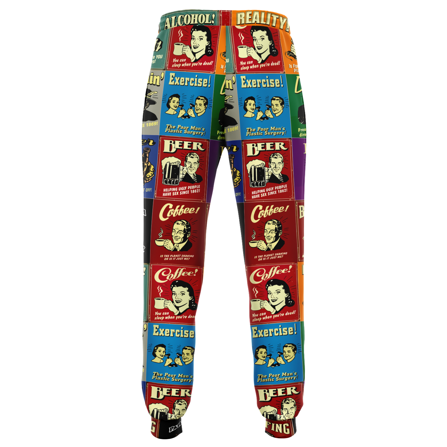 Flatlay back view of Retro Rewind joggers featuring bold vintage blocks in multiple colors