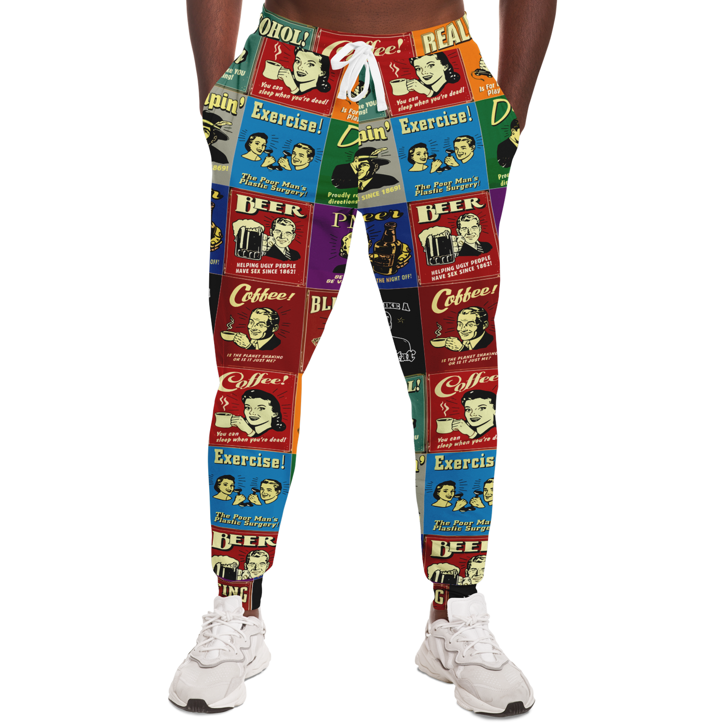Man wearing Retro Rewind joggers, showcasing the vibrant retro-style print on the front