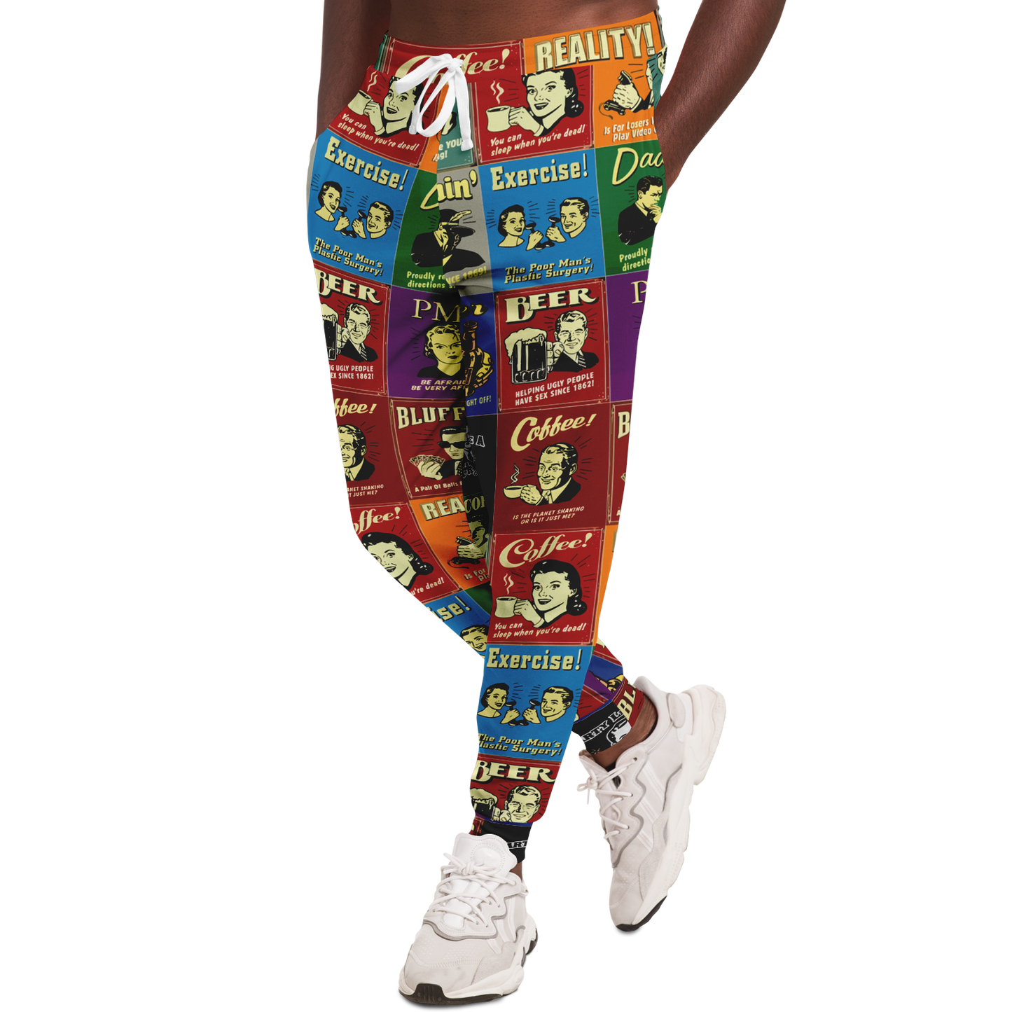 Side profile of Retro Rewind joggers worn by a man, highlighting the bold vintage panel design