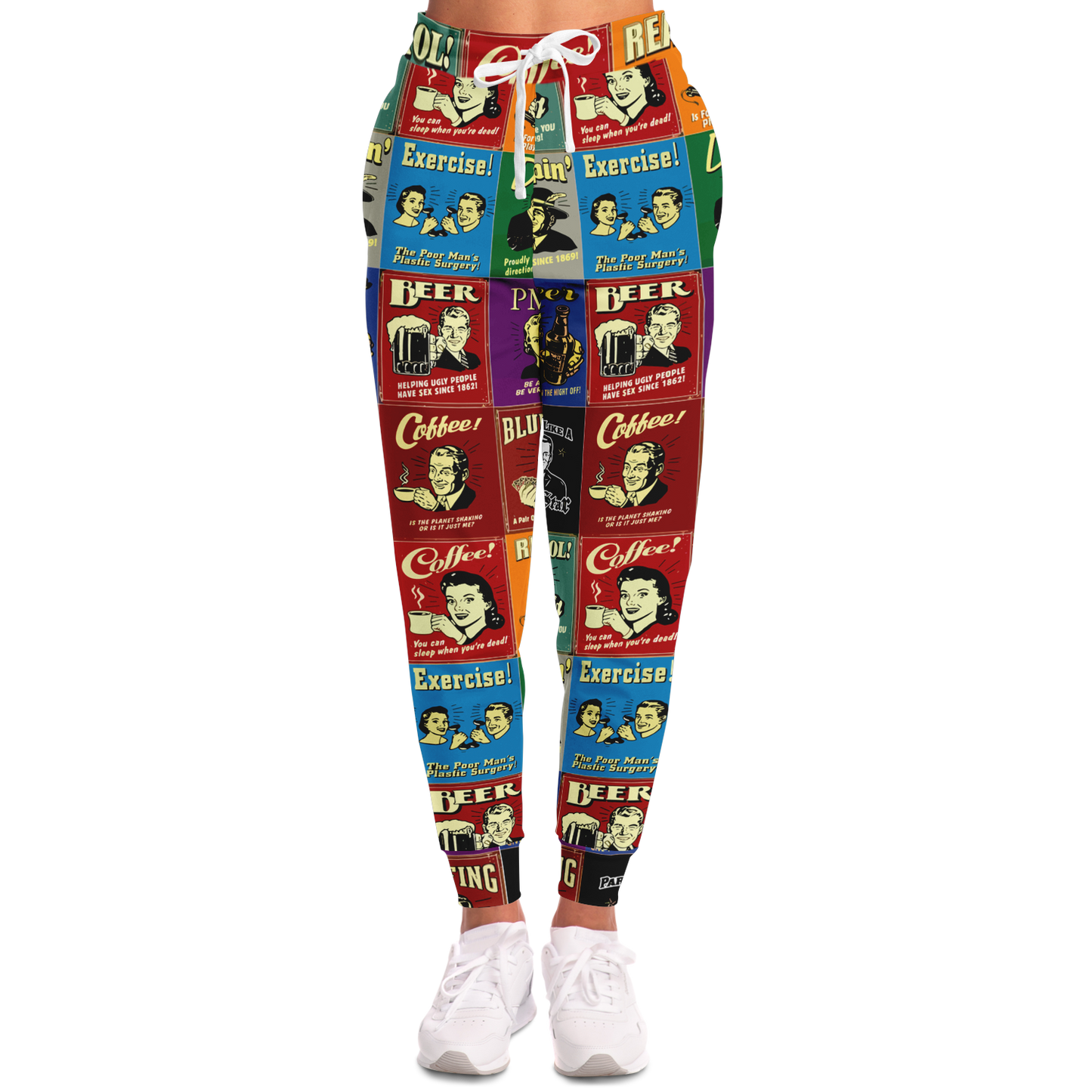 Woman wearing Retro Rewind joggers with a nostalgic collage print, front-facing view