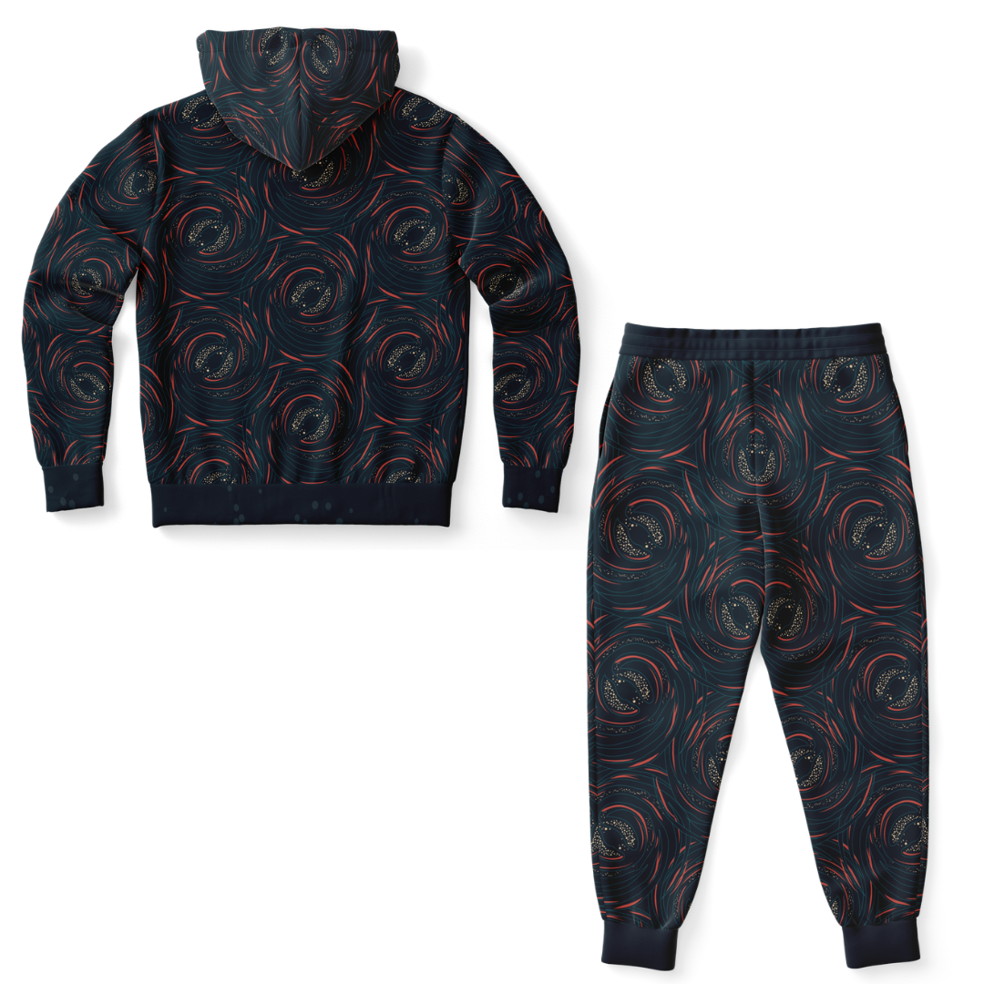 Back view of Rocket Launch co-ord set featuring all-over dark cosmic swirl pattern