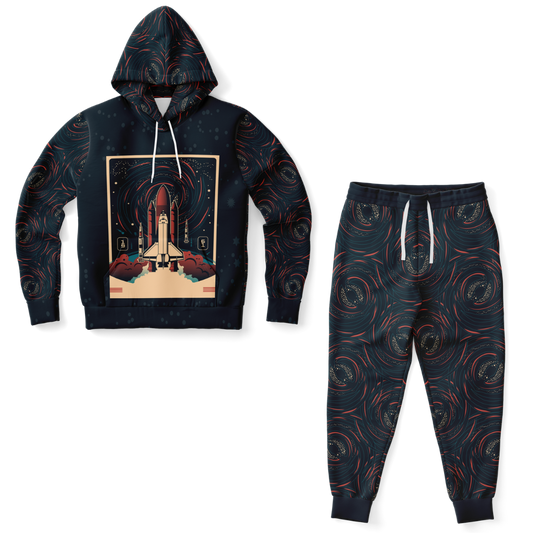 Front view of Rocket Launch co-ord set with printed hoodie and joggers laid flat
