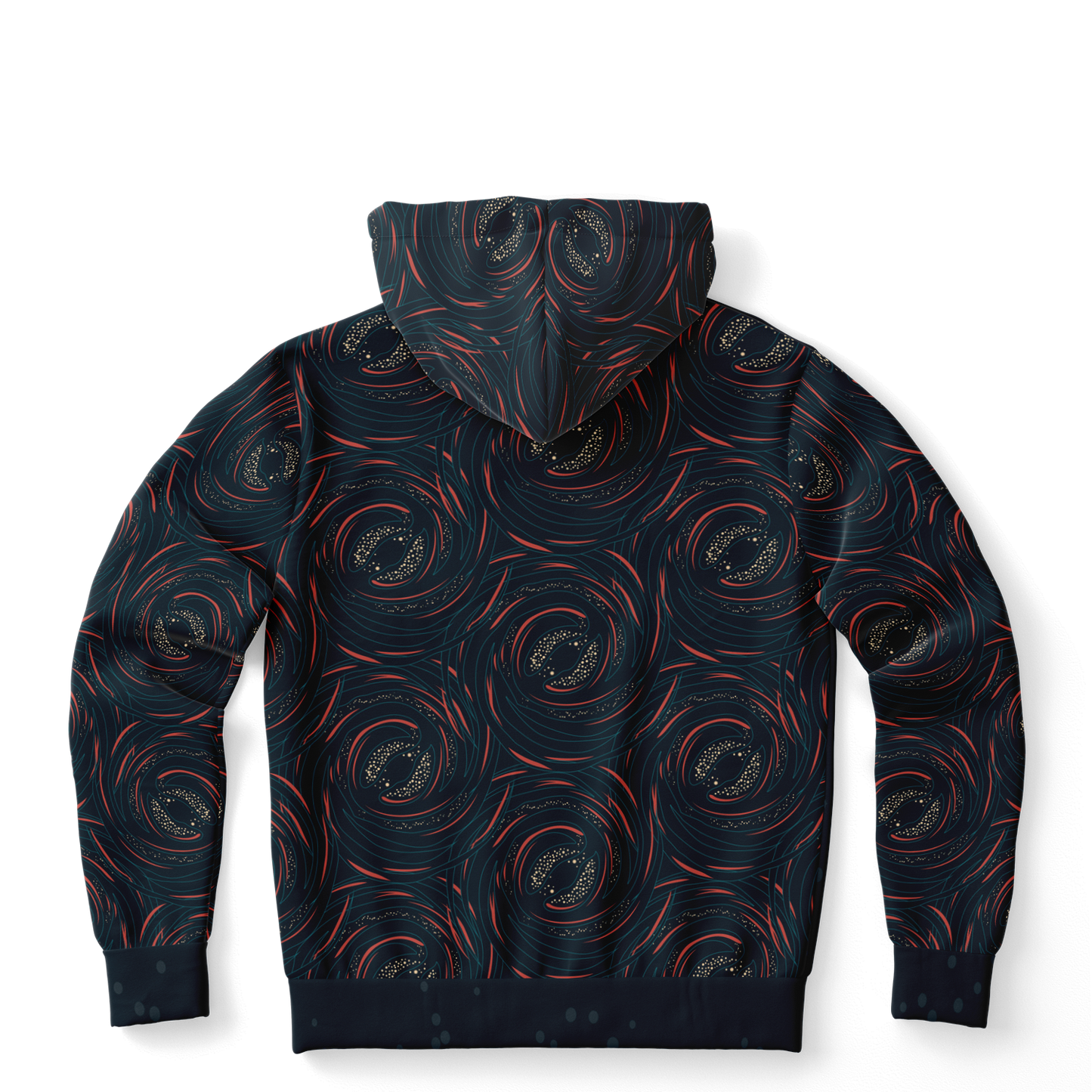 Back of hoodie featuring large rocket launch graphic on a dark printed background