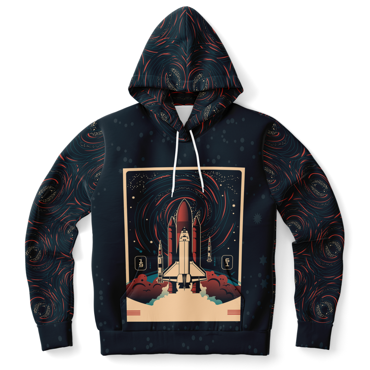 Front of Rocket Launch hoodie with rocket graphic and cosmic print