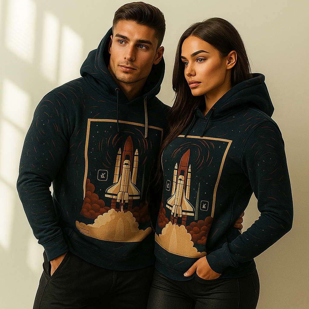 Two people wearing matching dark blue hoodies with space shuttle design on a neutral background