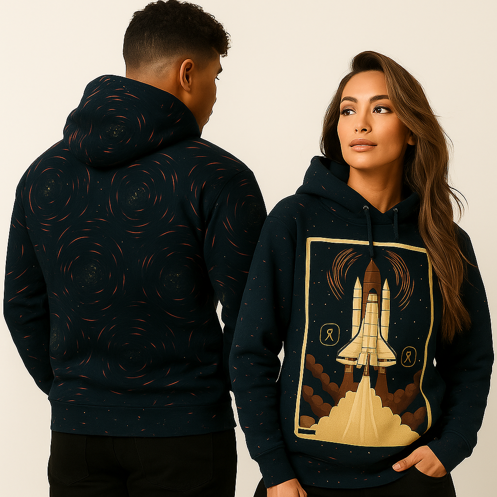 Two people wearing dark blue hoodies with space-themed designs on a beige background