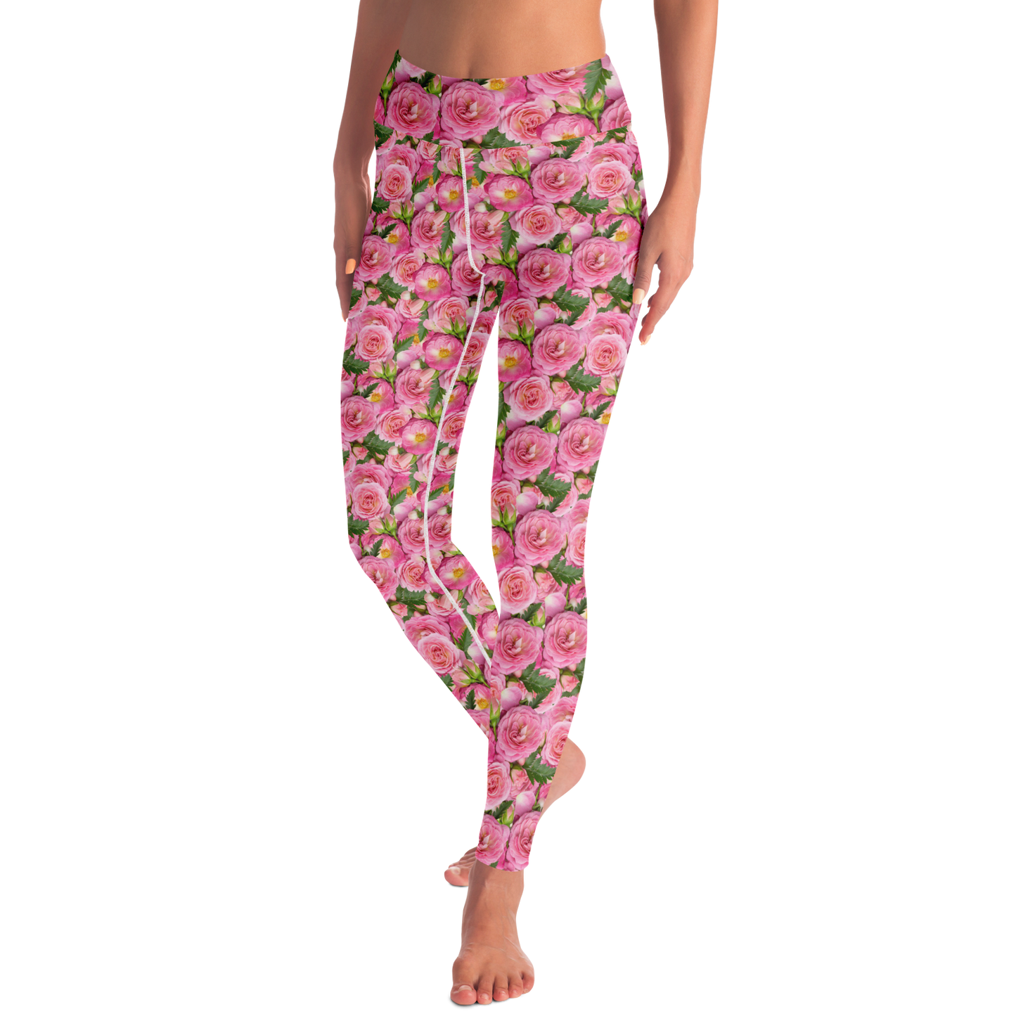 Rose Bloom Leggings – Angled pose emphasizing floral symmetry and stretch fabric