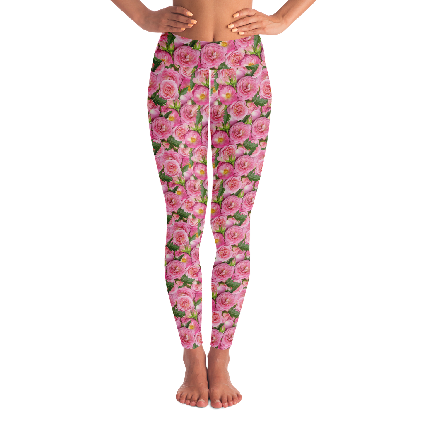 Rose Bloom Leggings – Front view showcasing all-over pink floral design on a soft base