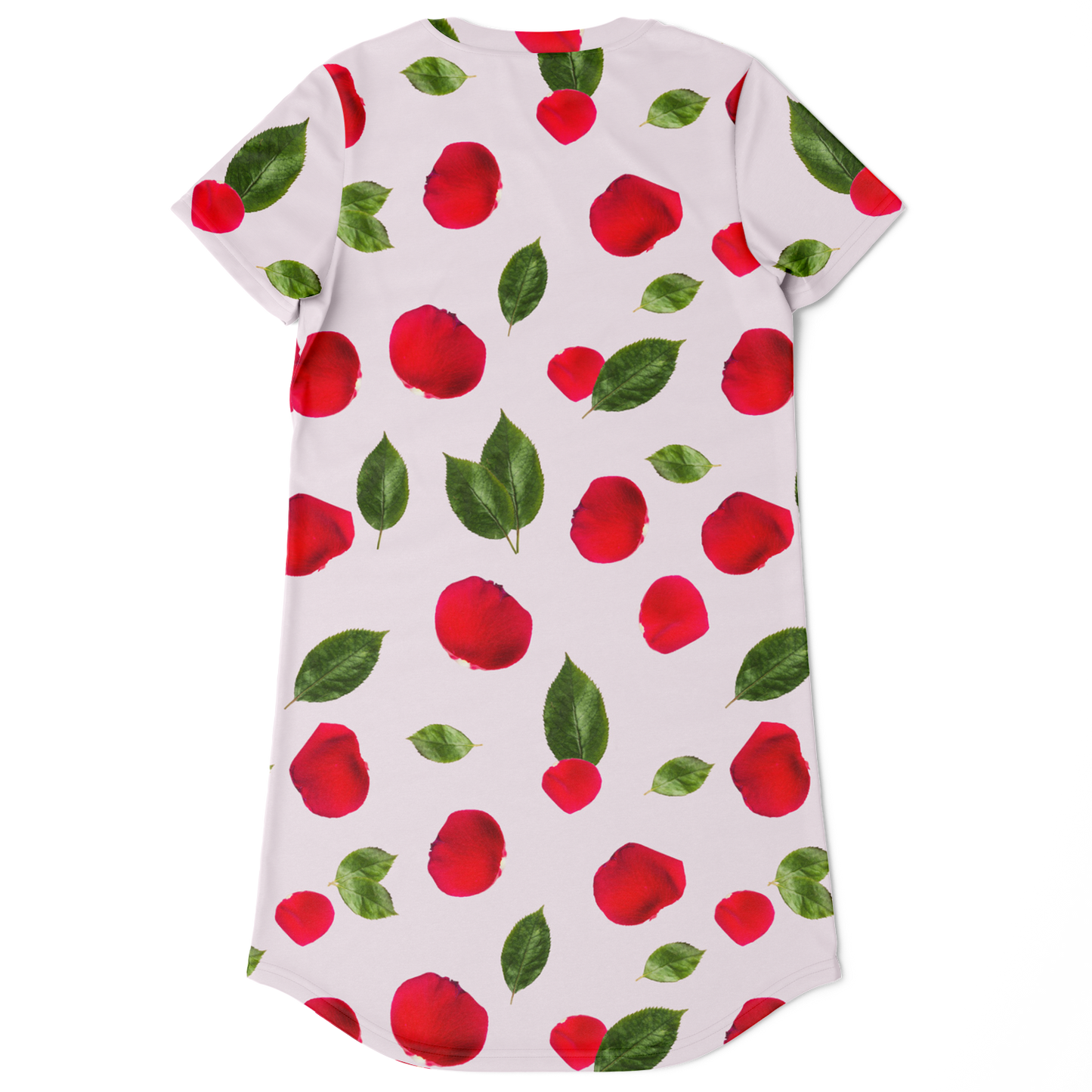 Back flat lay view highlighting the full-coverage rose print and classic rounded hem design.