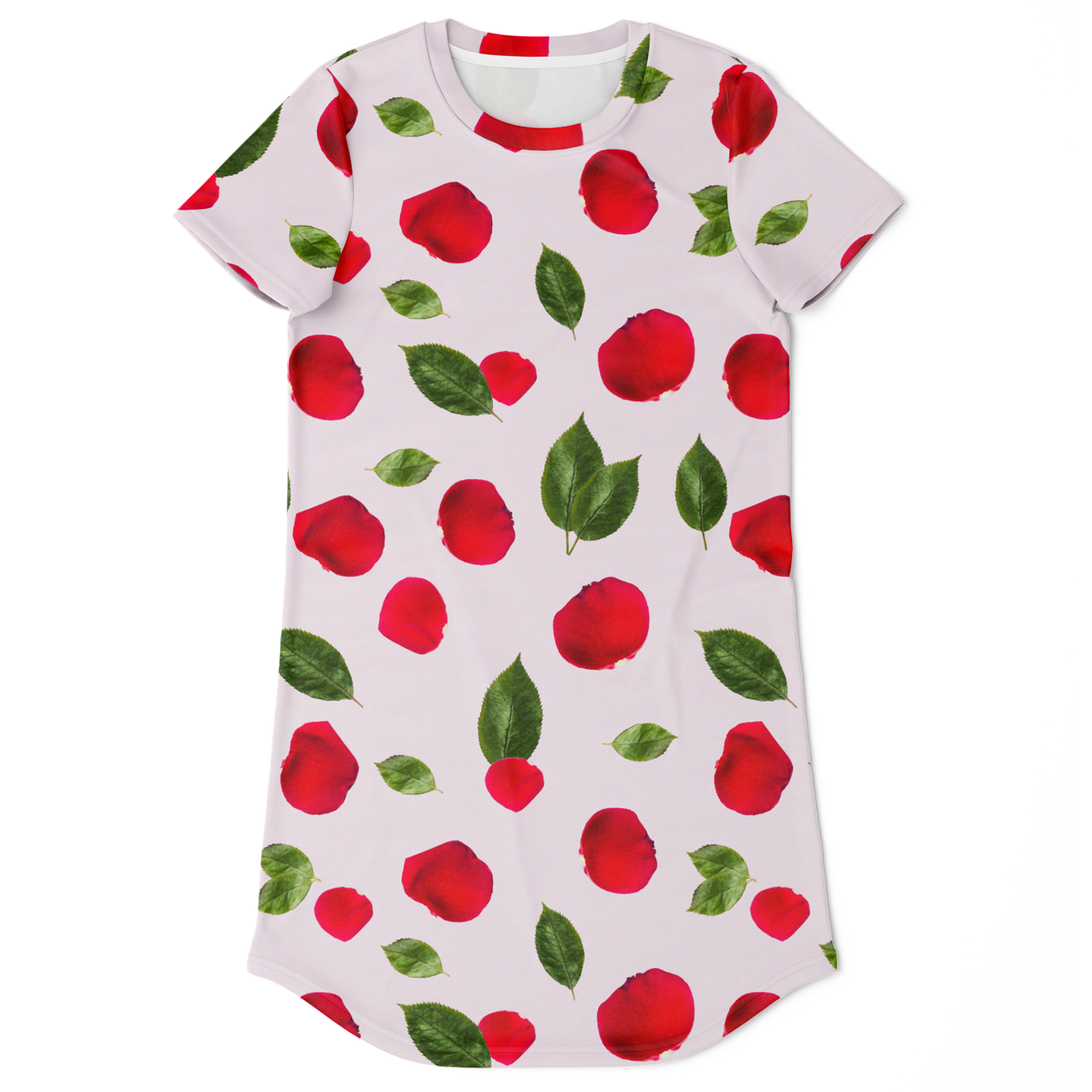 Front flat lay view of a casual t-shirt dress featuring a vibrant red rose print on soft white fabric.