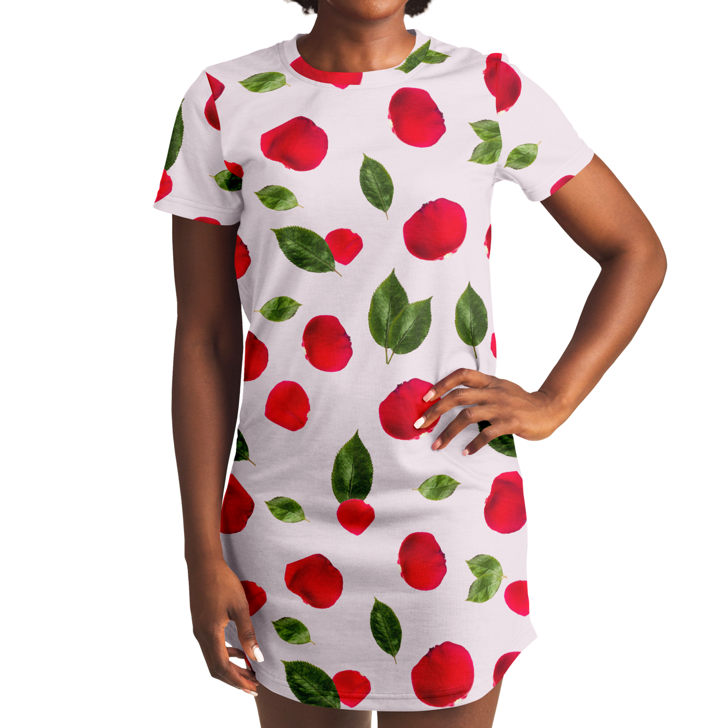 Front view of the model wearing the rose bloom t-shirt dress, showing the relaxed fit and floral pattern.
