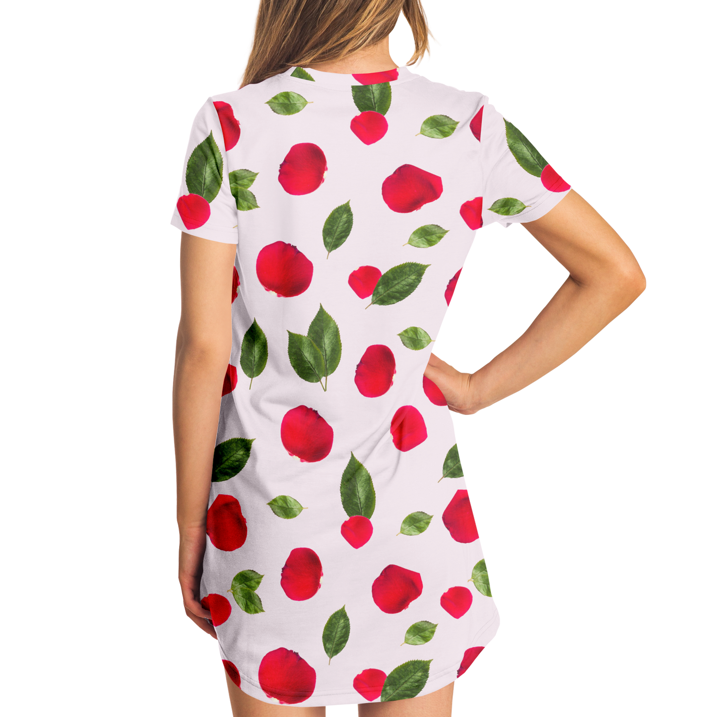 Back view of the model in the rose bloom t-shirt dress, emphasizing the knee length floral coverage.