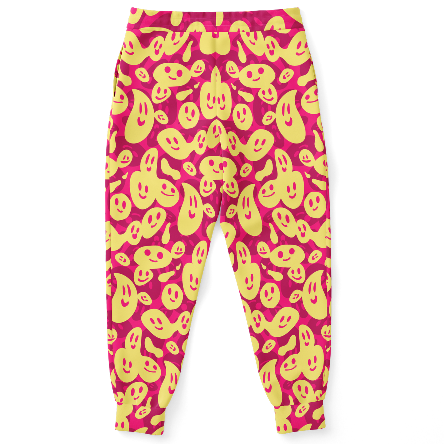 Smiley Loop Joggers – Back view featuring playful all-over smiley print and comfortable fit