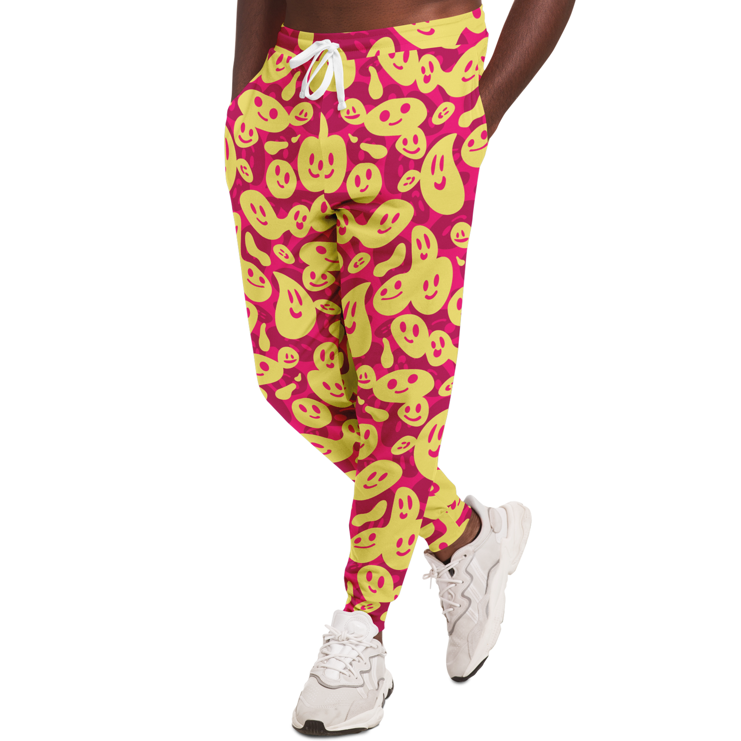 Smiley Loop Joggers – Left side walking view, revealing fluid fabric movement and comfort