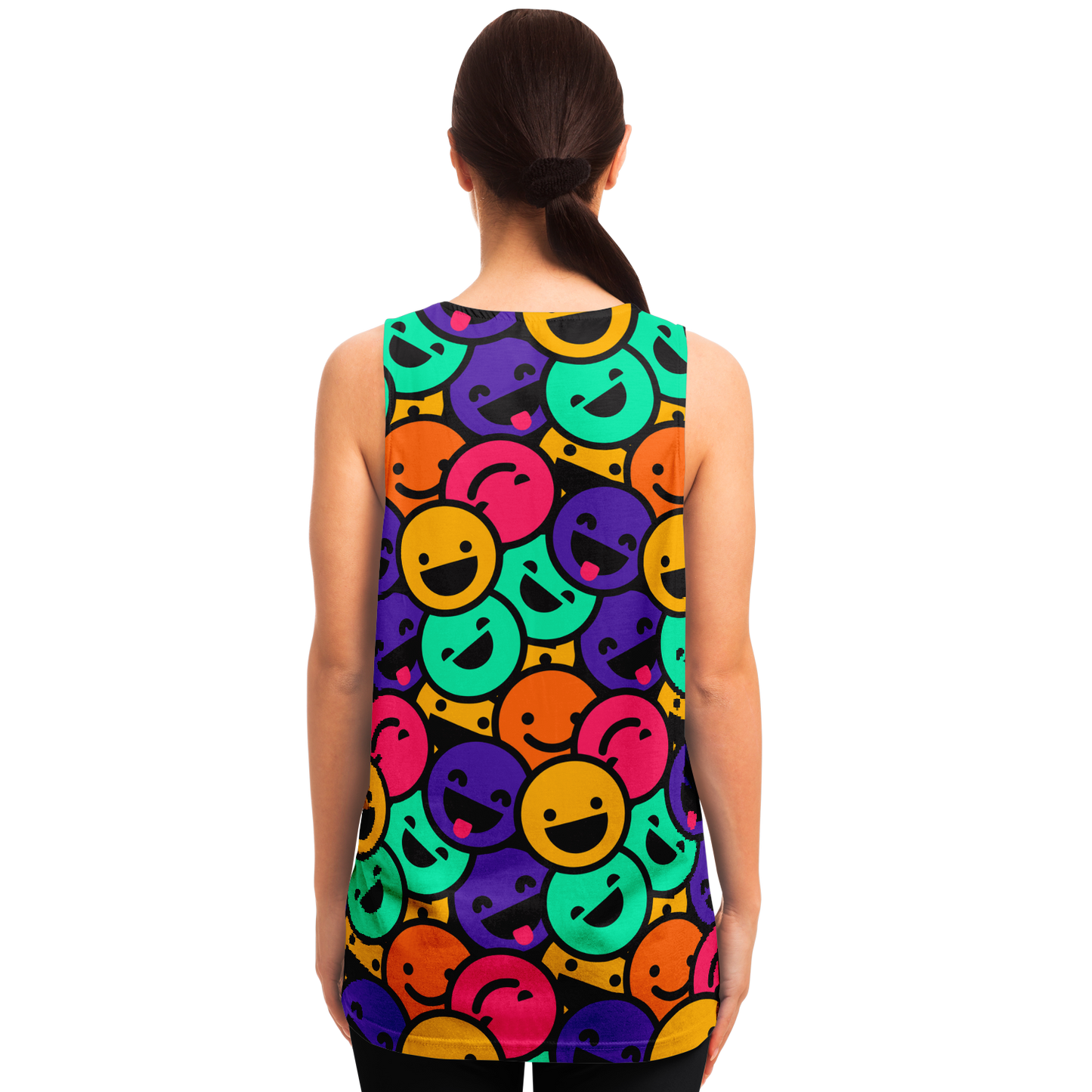 Rear view of woman in Smiley Print Tank Top showcasing vibrant smiley face pattern