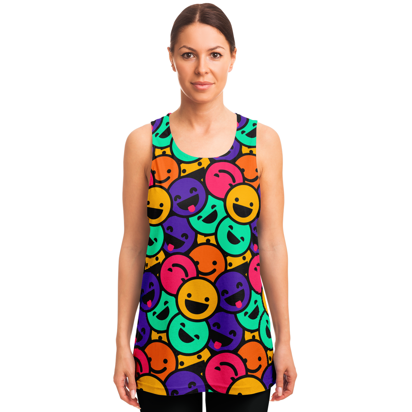 Female model wearing colorful Smiley Print Tank Top with bold cheerful graphics