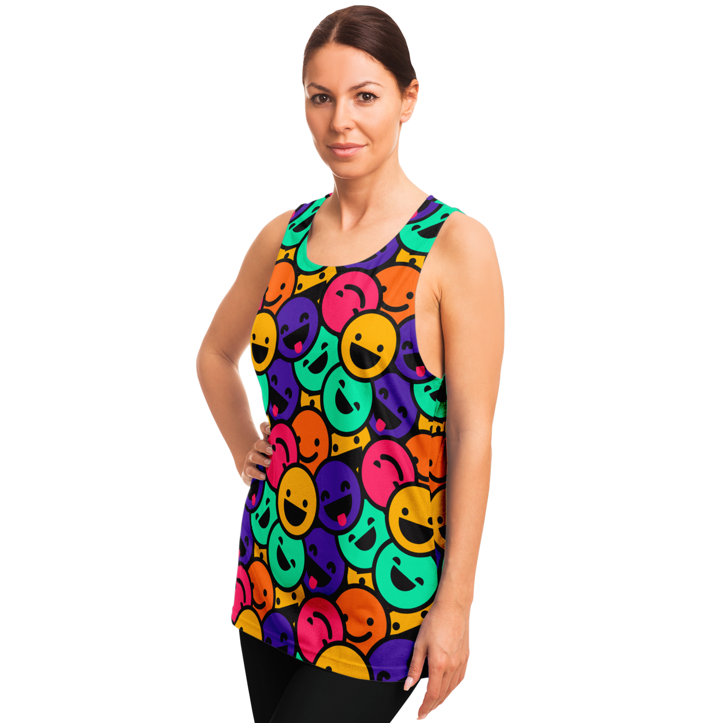 Side view of woman posing in Smiley Print Tank Top with hand on hip showing colorful artwork