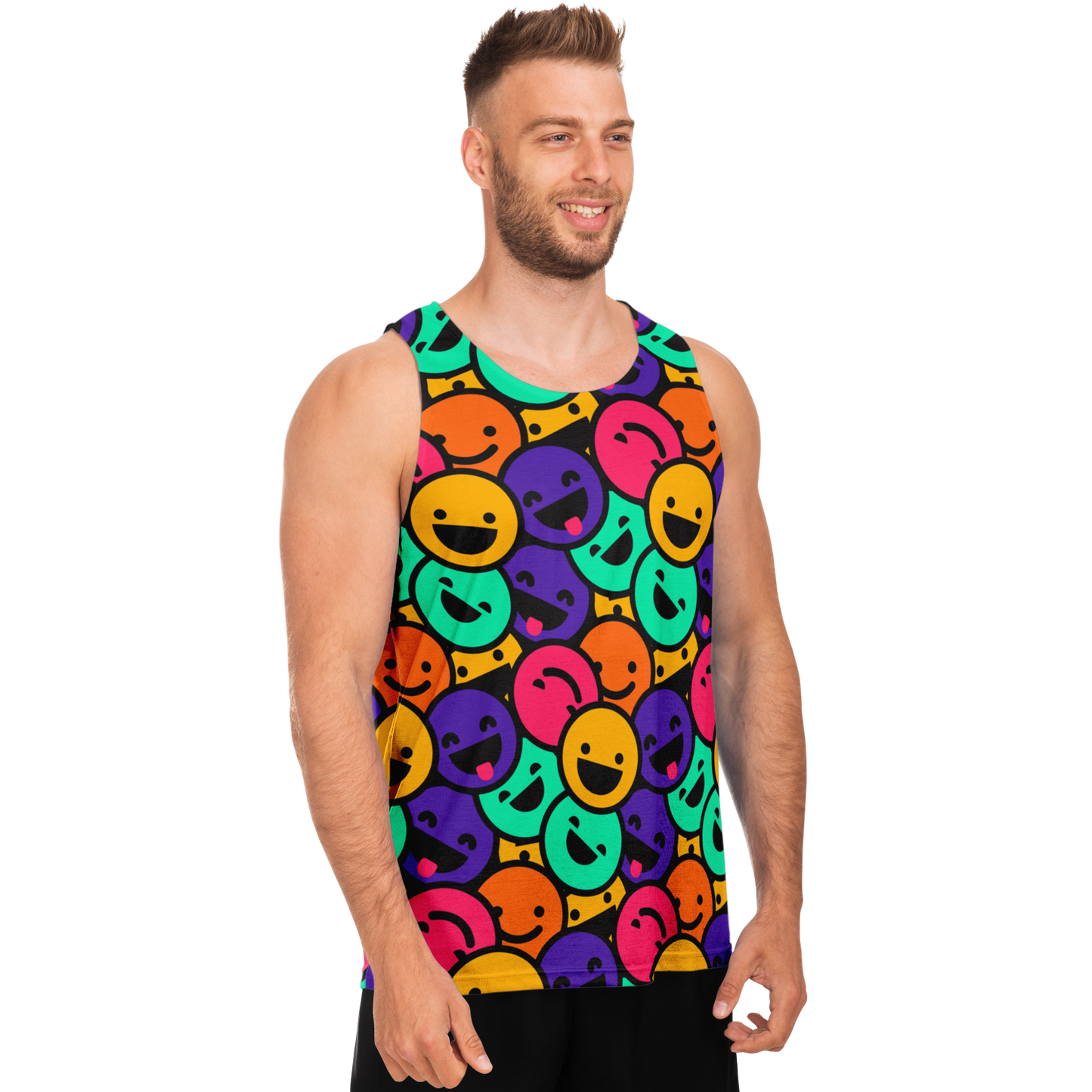 Angled front pose of male model in Smiley Print Tank Top displaying full happy pattern