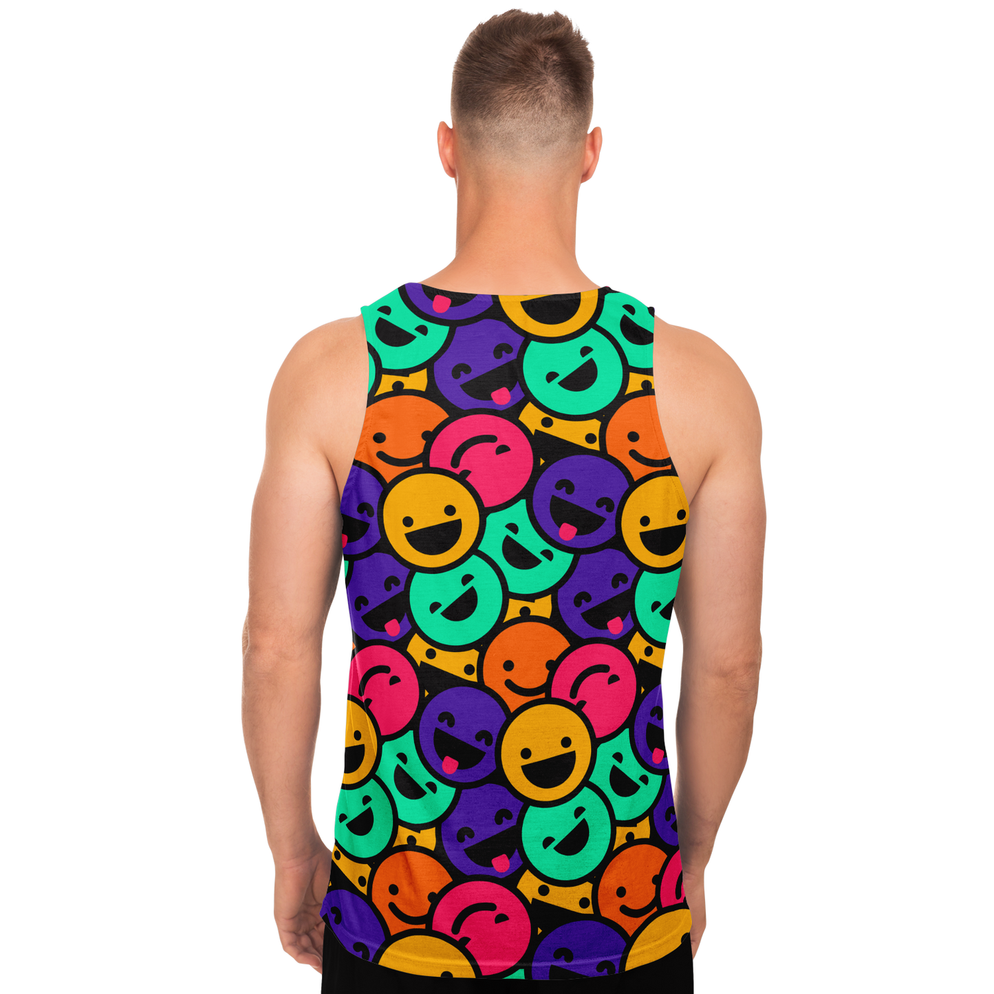 Back view of male model wearing Smiley Print Tank Top with repeating joyful print