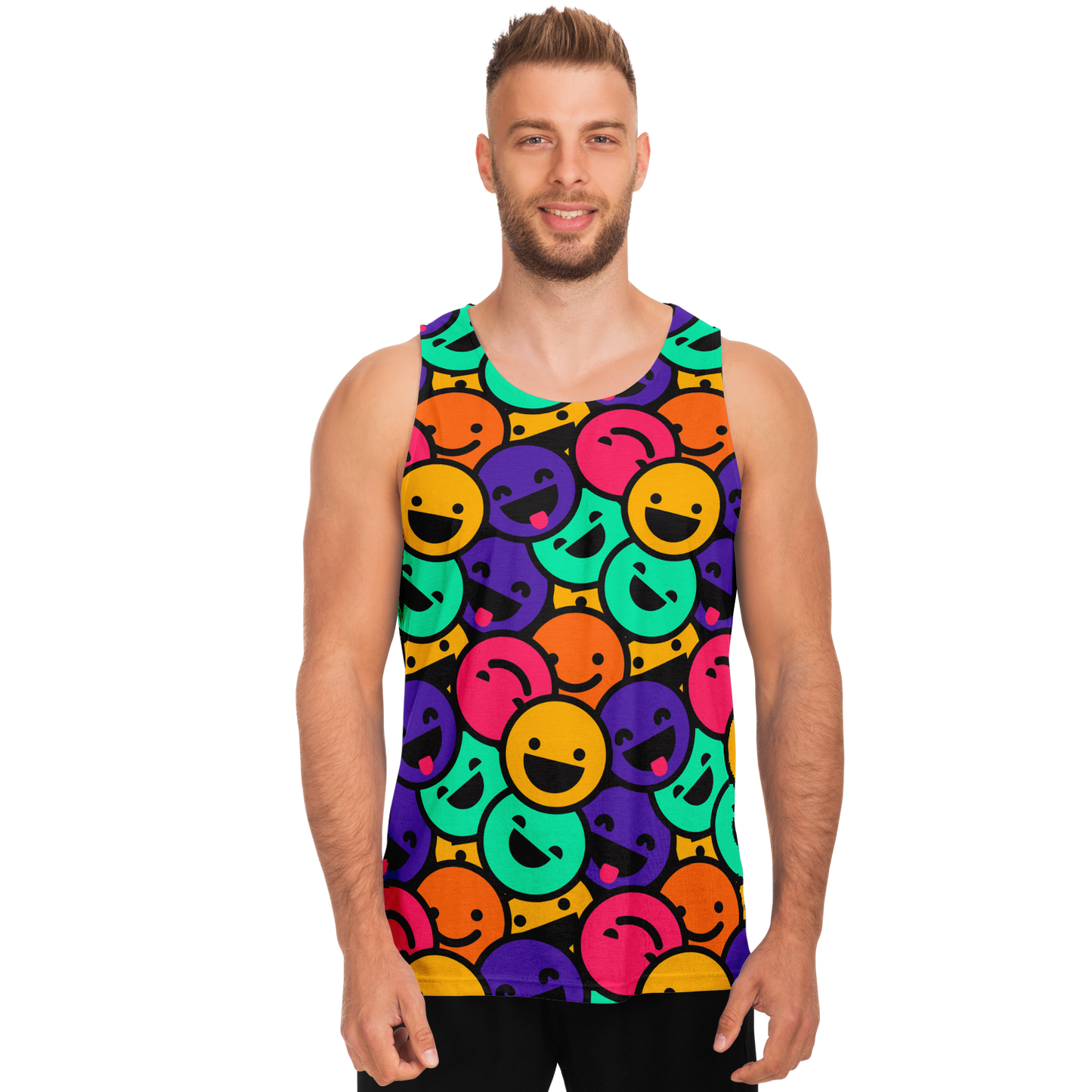 Male model facing forward in Smiley Print Tank Top covered with multicolored smiling emojis