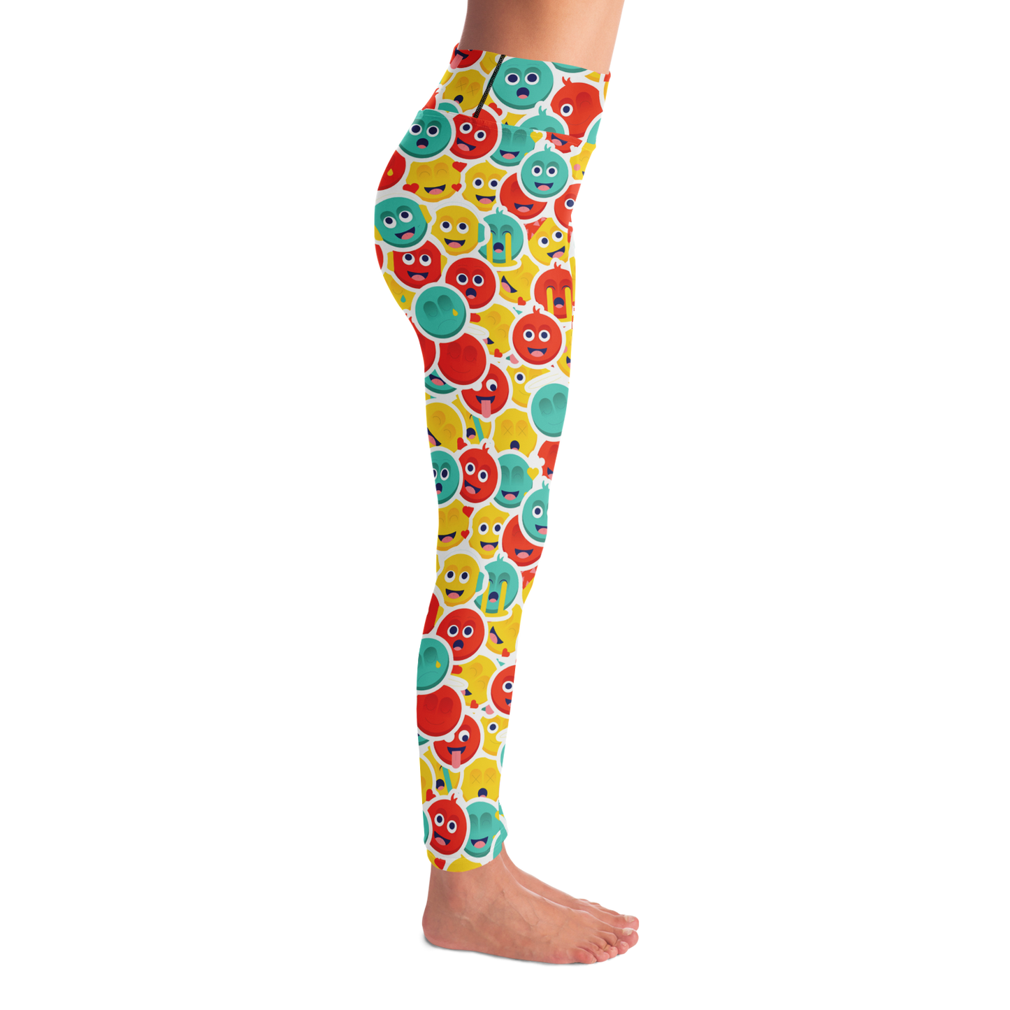 Smiley Stretch Leggings – Right side view with vibrant and cheerful motif flow