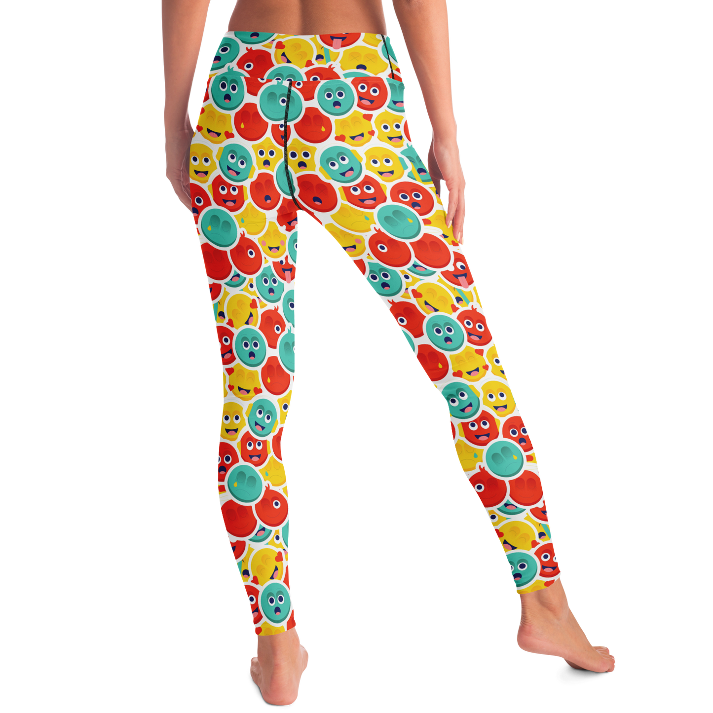 Smiley Stretch Leggings – Diagonal pose capturing the playful and joyful design in motion