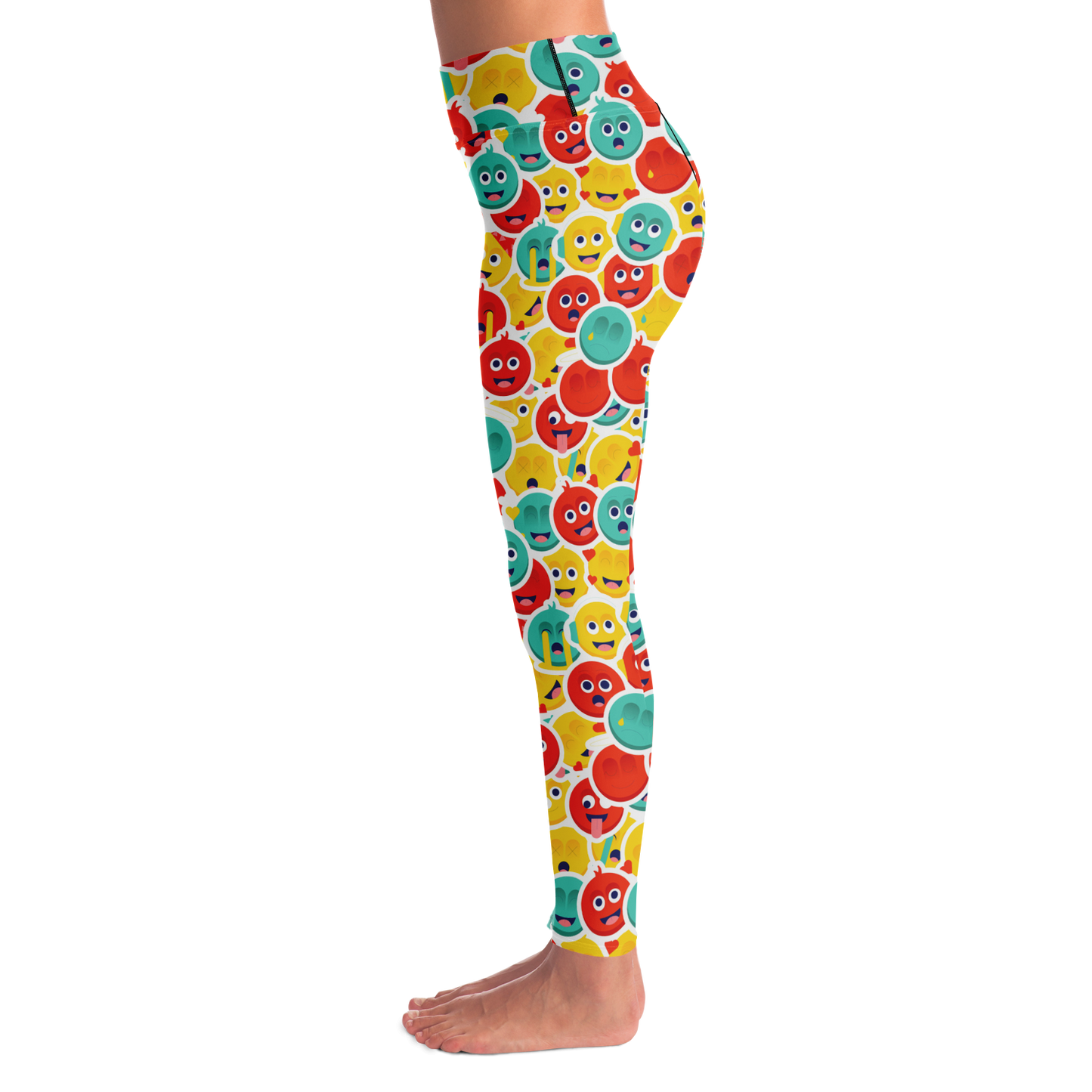 Smiley Stretch Leggings – Left side view showing full-length print and clean stitching