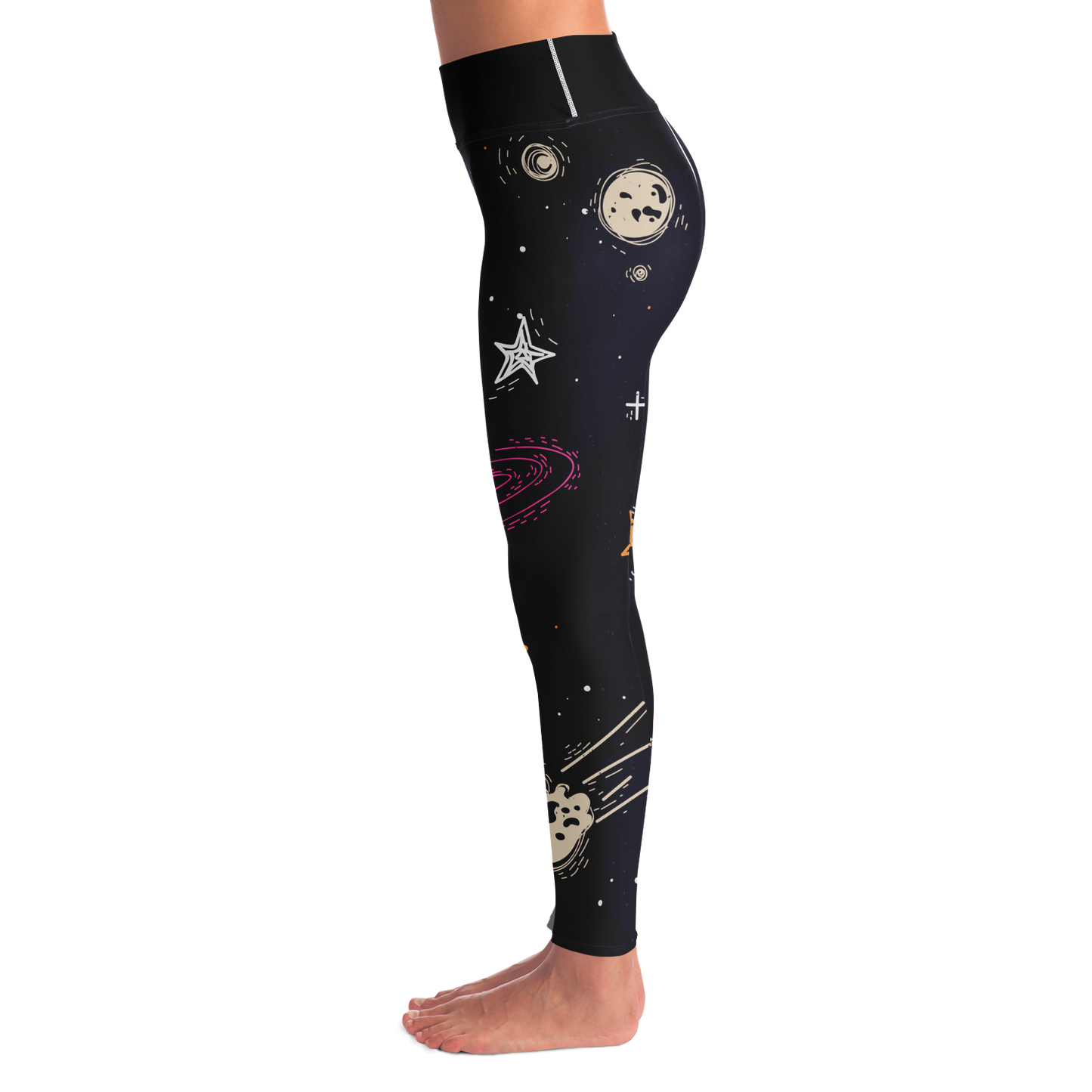 Starry Nights Leggings – Left side view highlighting moon and star motifs on dark background