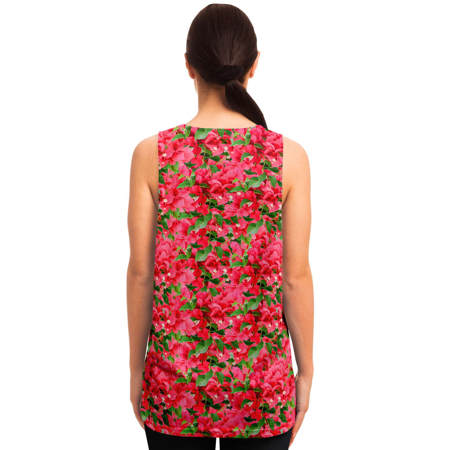 Back view of female model wearing Tropical Bloom Tank Top with bright hibiscus floral design